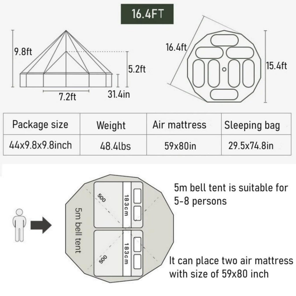 Outdoor Camping 13ft/16.4ft Oxford Bell Tent with Sewn-in Groundsheet for 4-8 Persons, Large Glamping 4M/5M Yurt Tent with Stove Jack for Winter Camping (16.4FT(5 Meter Bell Tent))