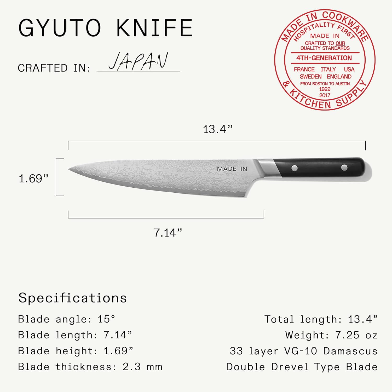 Made In Cookware | 3-piece Japanese Damascus Steel Knife Set (Includes Gyuto, Nakiri and Santoku) | 66 Layers of Damascus Steel with a VG-10 Core | Crafted in Japan | Full Tang With Black POM Handle