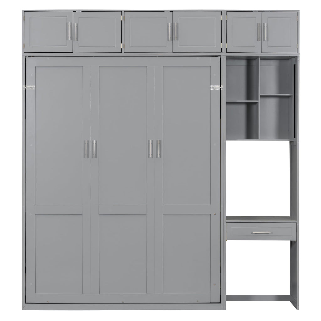 Merax Queen Size Wall Murphy Bed with Desk, Top Cabinet and Storage Shelves, Space Saving Foldable Bed, Wooden Bed Frame