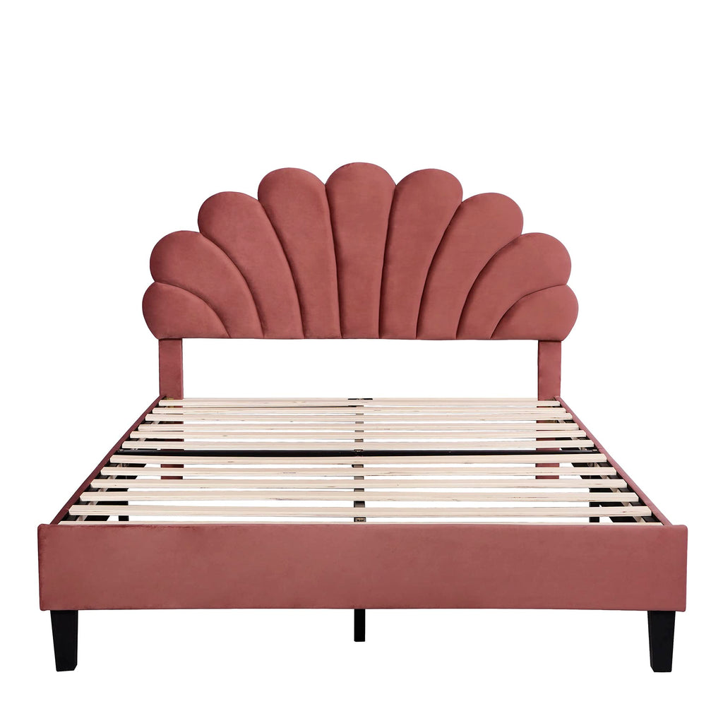 Merax Full Size Upholstered Platform Bed Wooden Frame with Flower Pattern Velvet Headboard for Bedroom,Boys Girls,Bean Paste Red