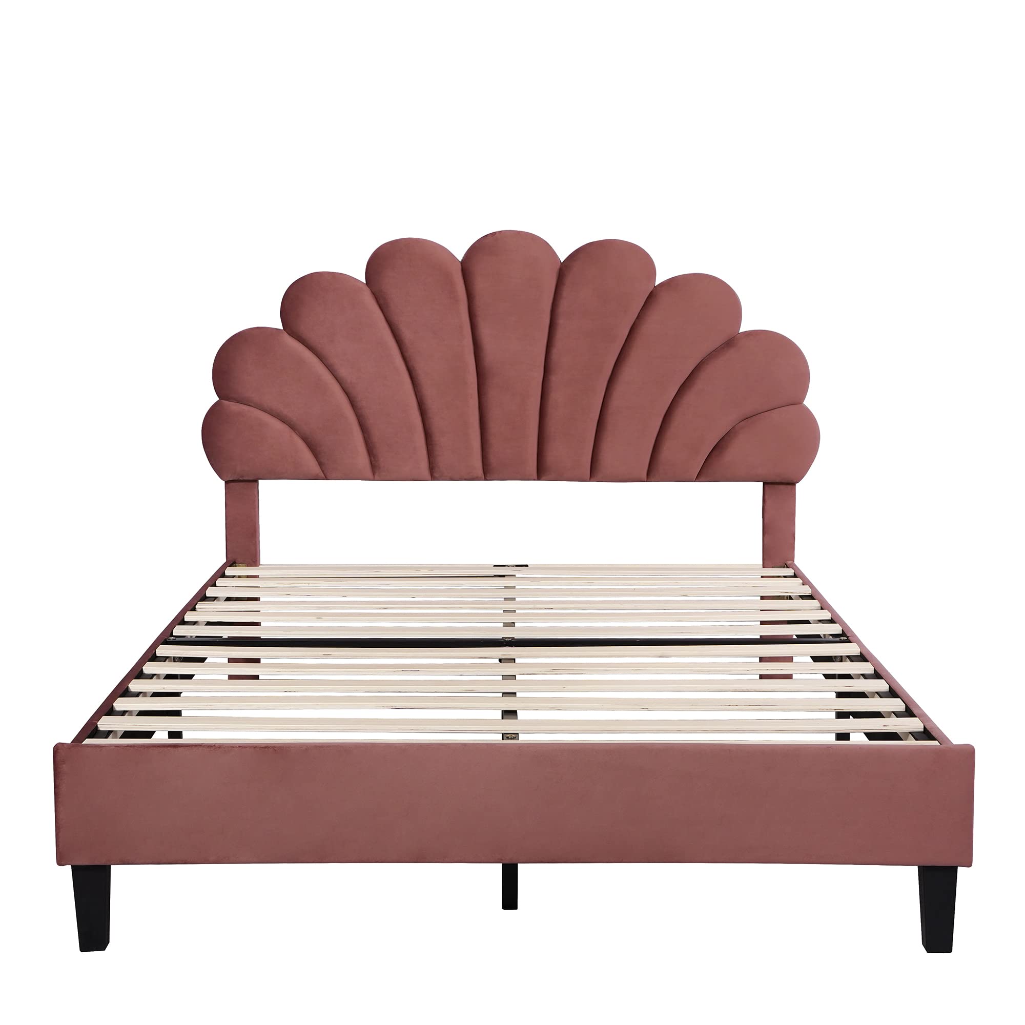 Merax Full Size Upholstered Platform Bed Wooden Frame with Flower Pattern Velvet Headboard for Bedroom,Boys Girls,Bean Paste Red