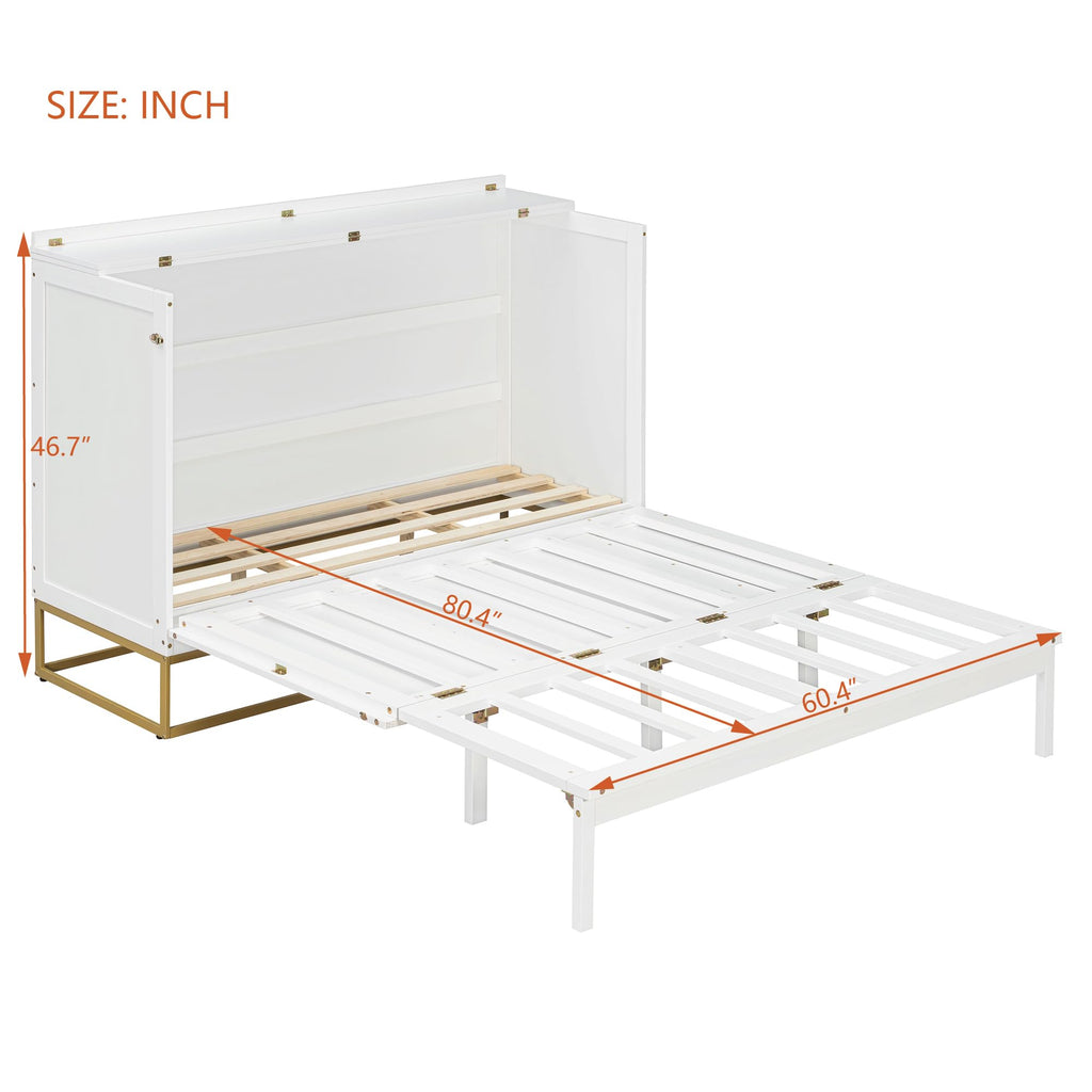 Merax Queen Size Murphy Cabinet Bed, Wood Folding Bed Frame with Wood Doors and Fake Drawers Design, Space-Saving Wall Bed for Guest Room and Home Office