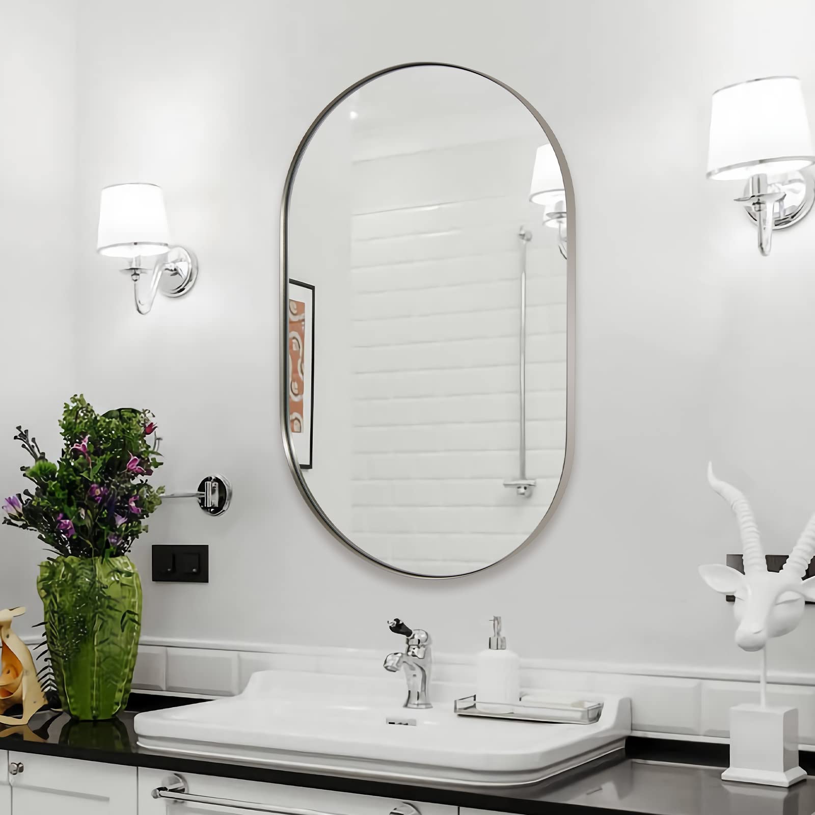 ANDY STAR Chrome Oval Mirror 26x38’’ Pill-Shaped Mirror Chrome Metal Framed for Bathroom Vanity in 1 Inch Stainless Steel Meatl Frame Anti-Rust Wall-Mounted Vertically/Horizontally