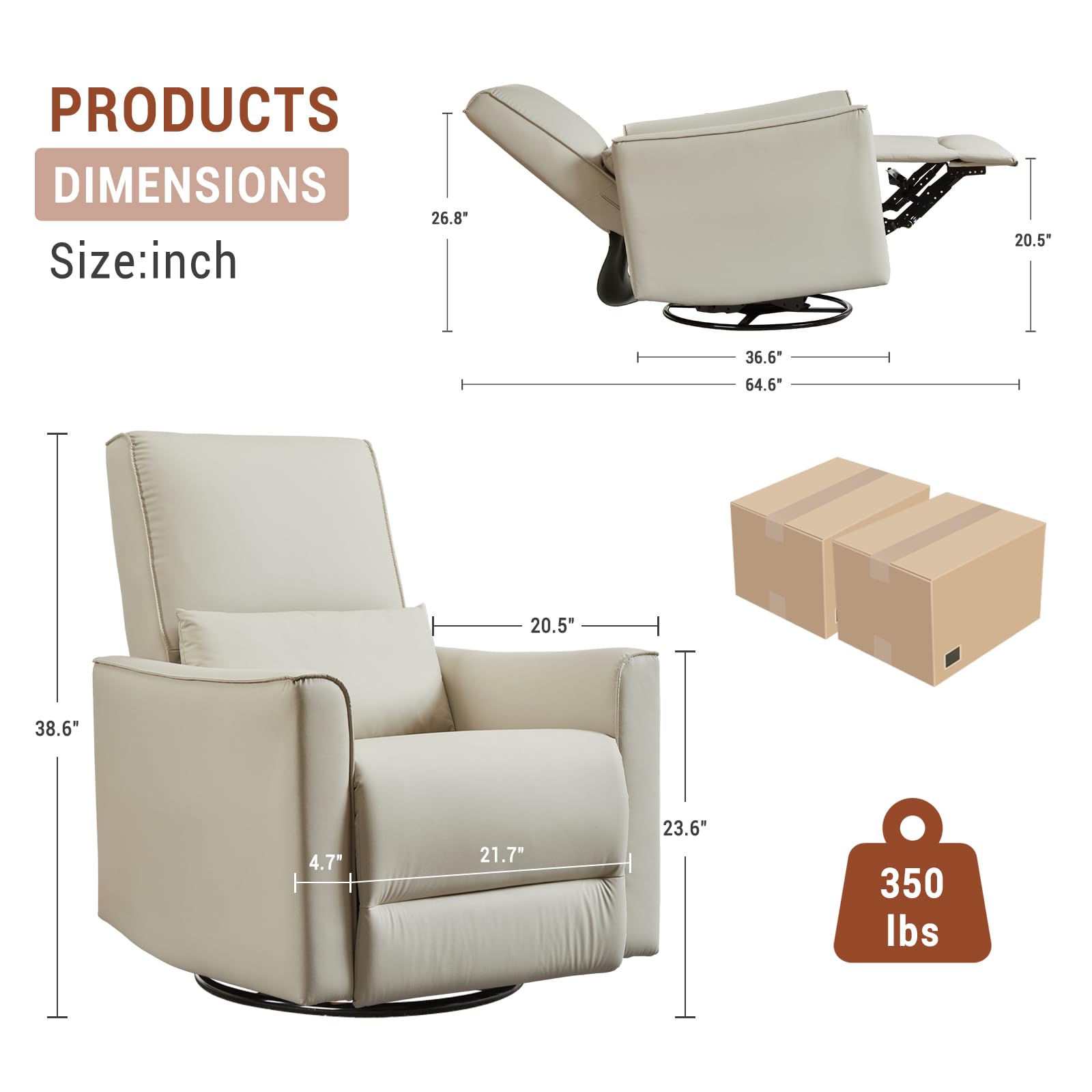 GarveeHome Recliner Chair, 360° Swivel Rocker Glider Nursery Chair with Padded Armrest and Deep Seat, PU Leather Upholstered Reclining Sofa Chair for Living Room, Bedroom and Nursery (White)
