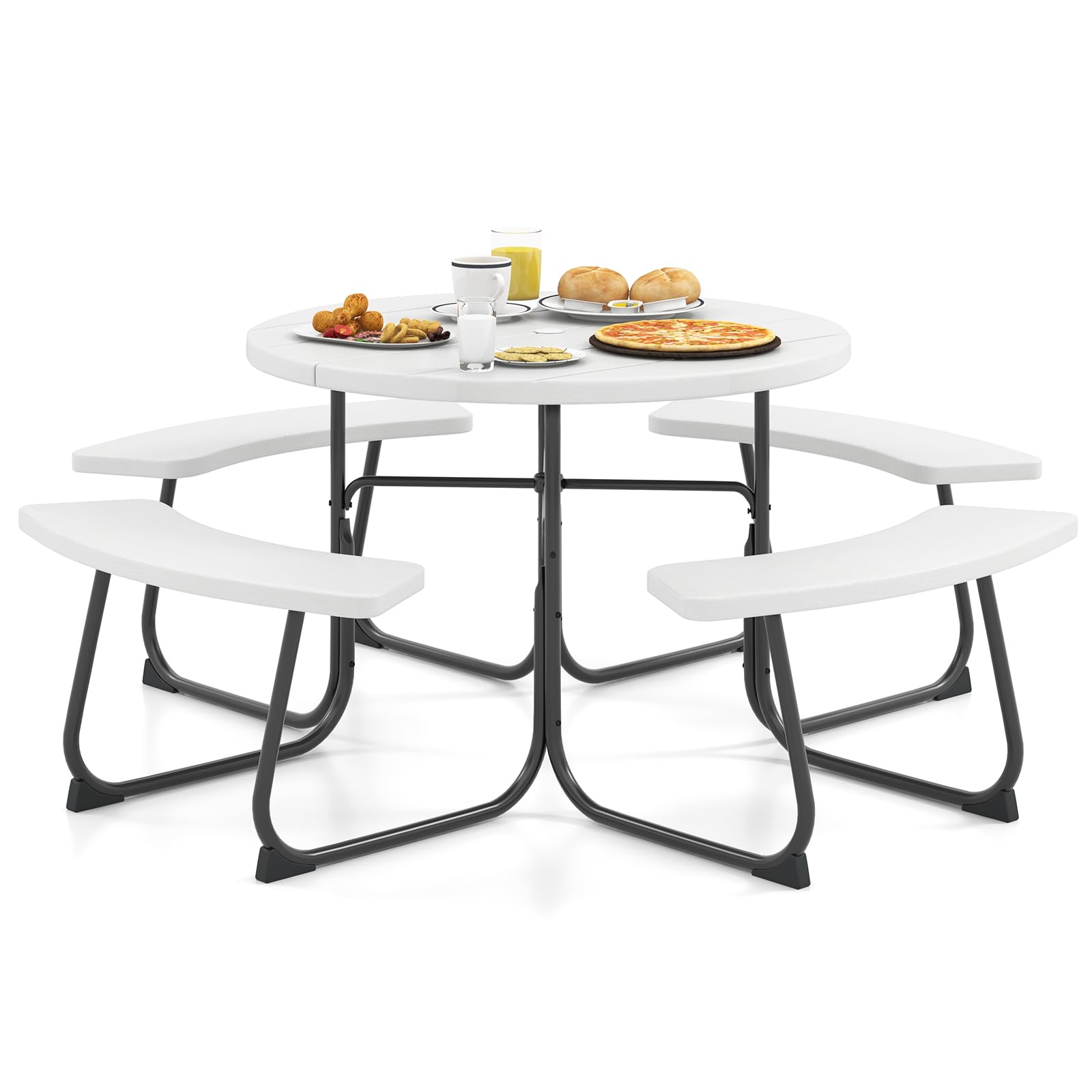 HAPPYGRILL 8-Person Picnic Table Bench Set with Umbrella Hole, 43” Outdoor Dining Table w/4 Benches, Wood-Like Texture Tabletop, Stable U-Shaped Base, Round Table for Backyards, White