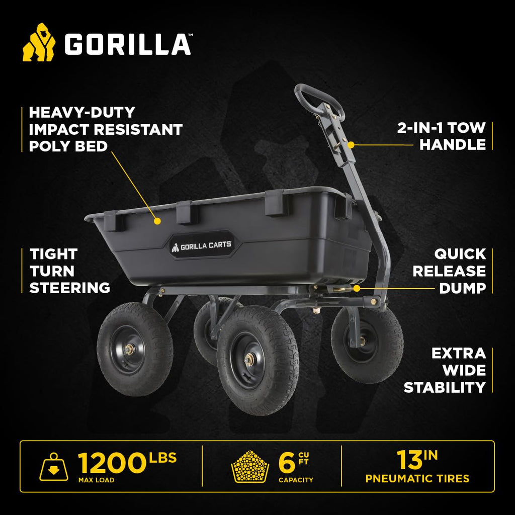 Gorilla Carts Heavy-Duty Poly Yard Dump Cart, 6 Cu Ft Tub, 1200 lb Haul Capacity, Black – Towable Utility Wagon with Quick-Release Dumping & Pneumatic Tires for Landscaping and Gardening