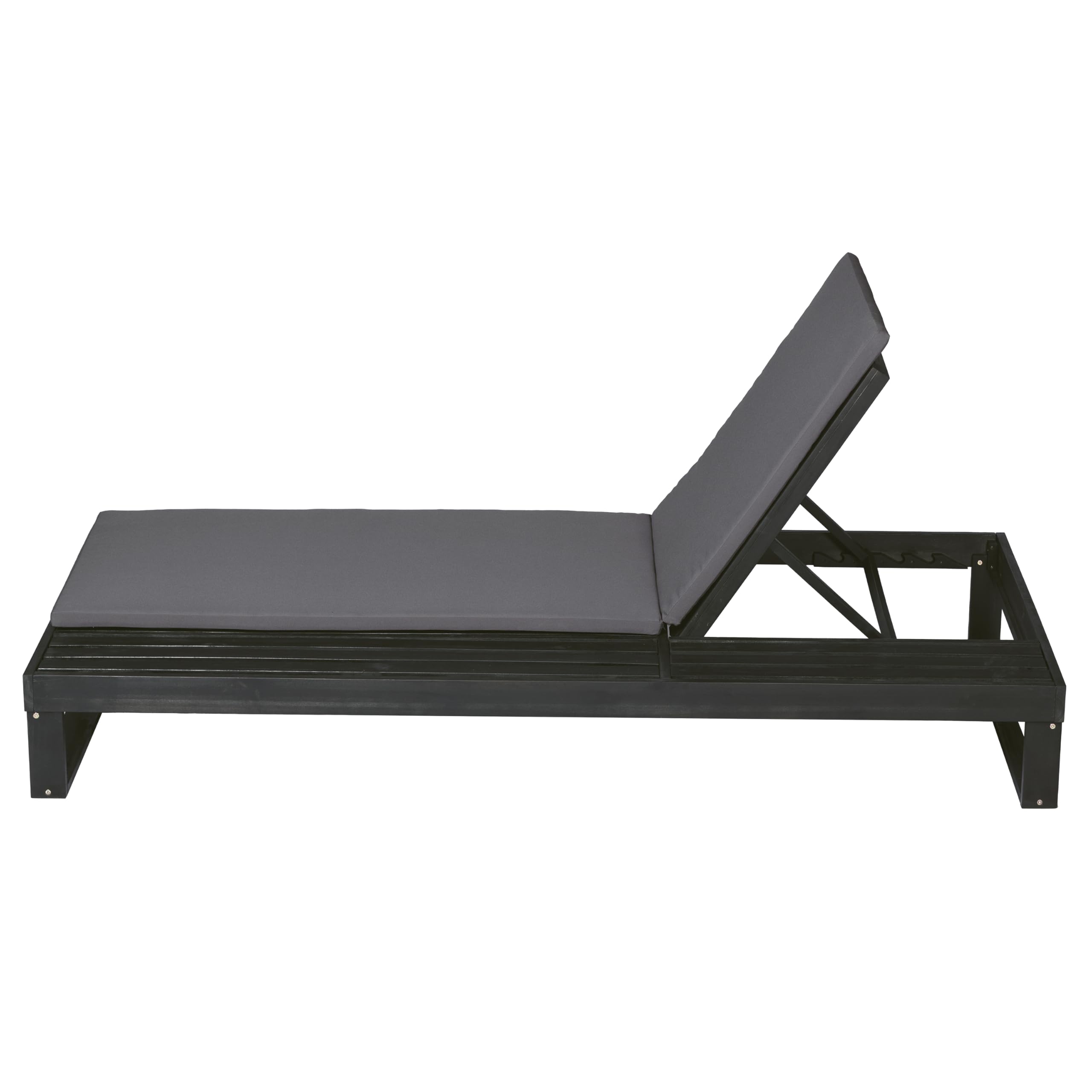 Merax Black Acacia Wood Chaise Lounge with 1.57-Inch Dark Gray 2-Fold Cushion Set, 4-Position Adjustable with Flat Side Surface, for Poolside