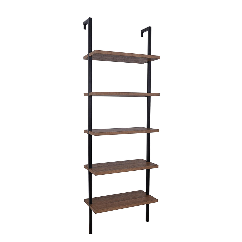 Nathan James Theo 5-Shelf Wood Modern Bookcase, Open Wall Mount Ladder Bookshelf with Industrial Black Metal Frame, Reclaimed Oak, Set of 2
