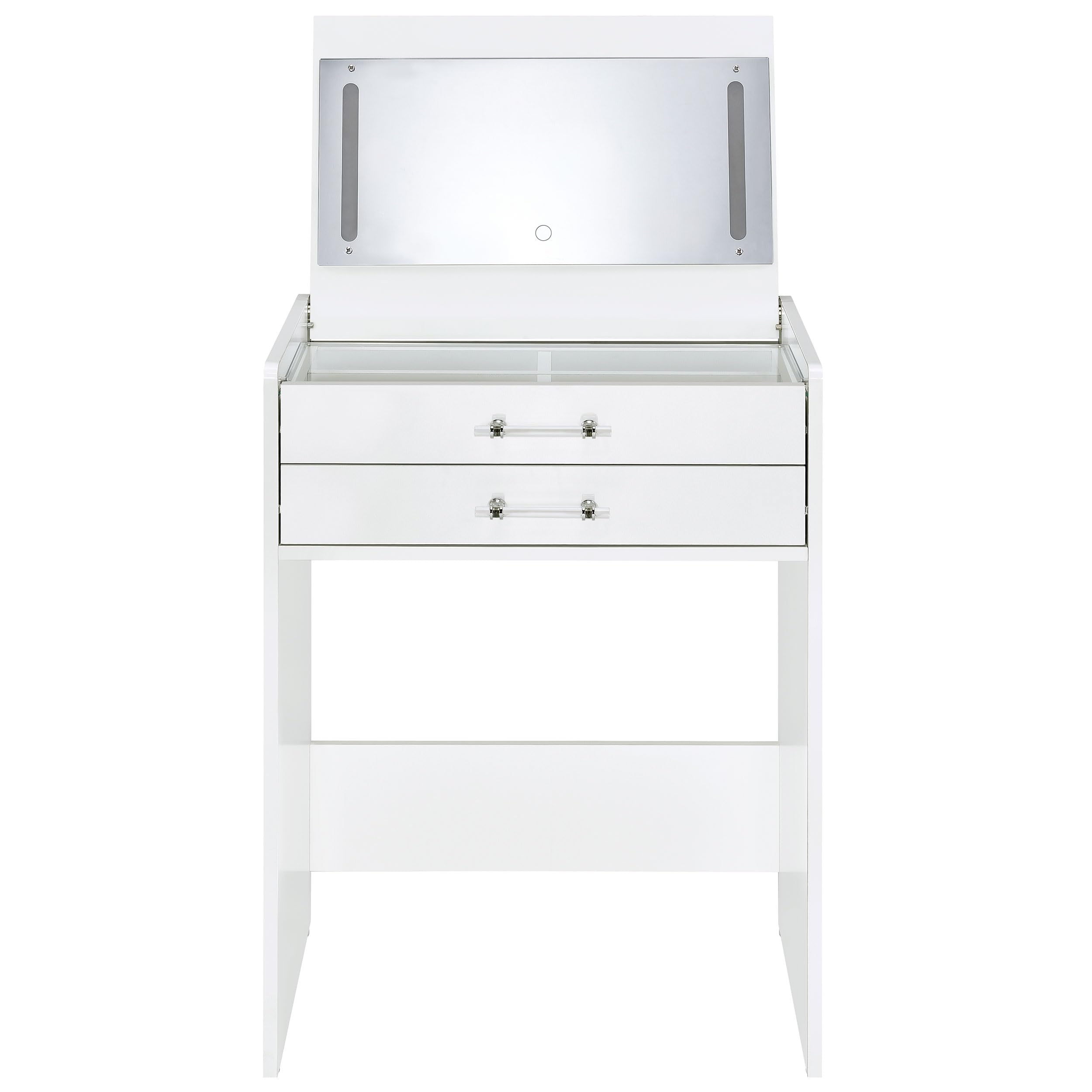 Coaster Home Furnishings Danbury Contemporary 2-Piece 2-Drawer Makeup Vanity Desk with LED Light Vanity Mirror Tempered Glass Top with Vanity Chair White High Gloss 930208