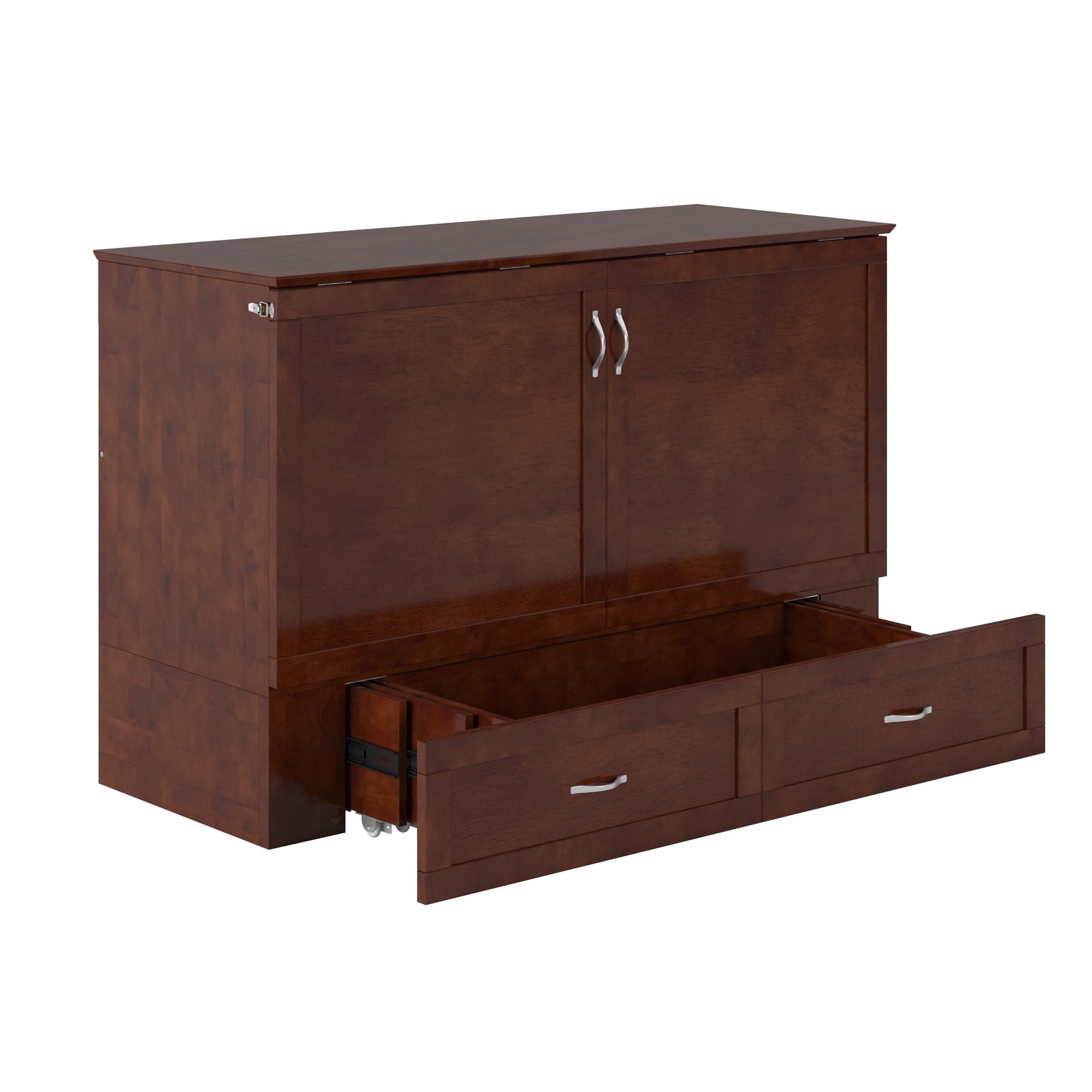 AFI, Raleigh Modern Queen Solid Wood Murphy Bed Chest with 6" Mattress, Storage Drawer & Built-in USB Charger, Walnut