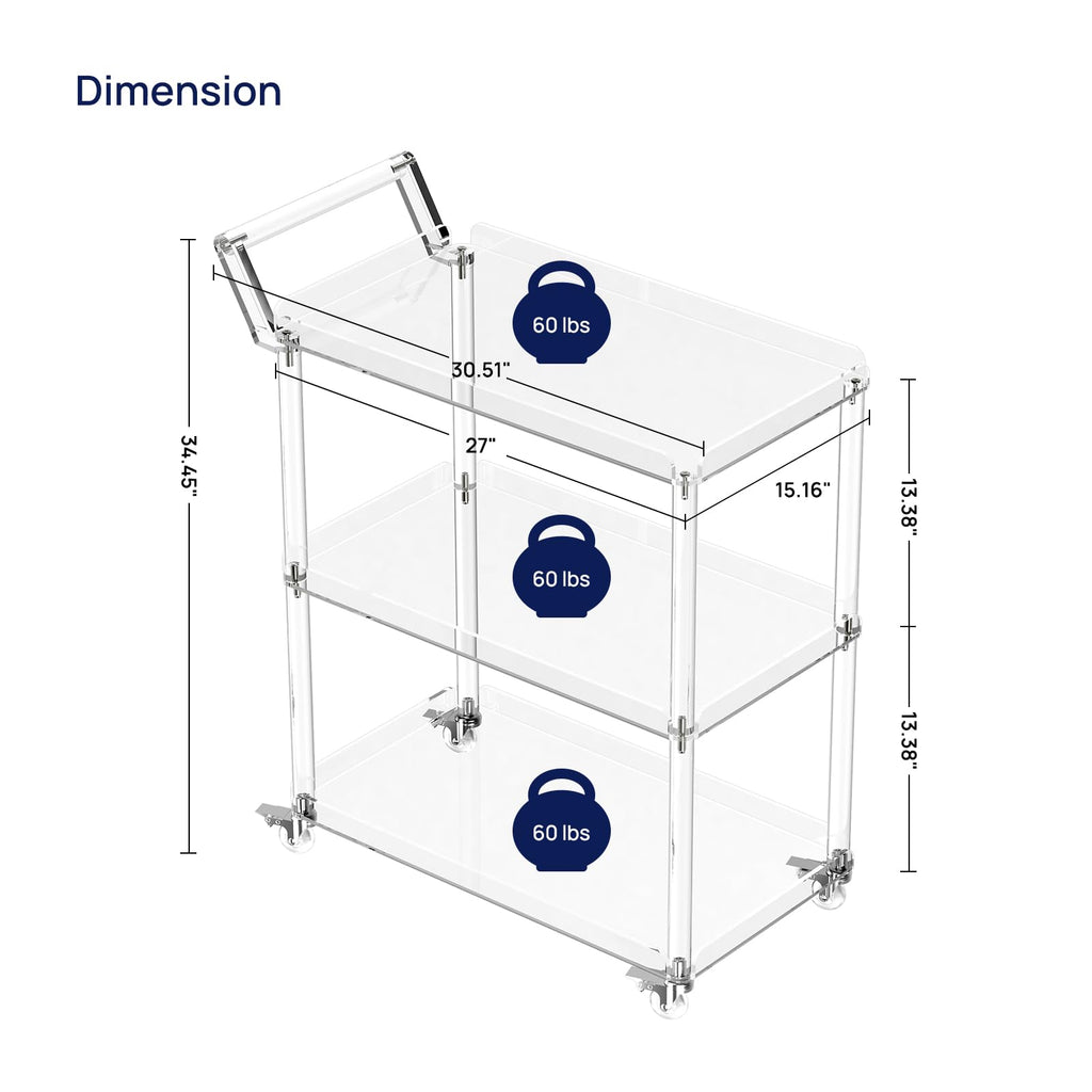 HMYHUM Acrylic Bar Cart with 4 Lockable Wheels, 30.5" L x 15.2" W x 34.5" H, Rolling Serving Cart for the Home Bar, Kitchen, Living Room, with Pulling Handle, Modern, 3-Tier, Clear