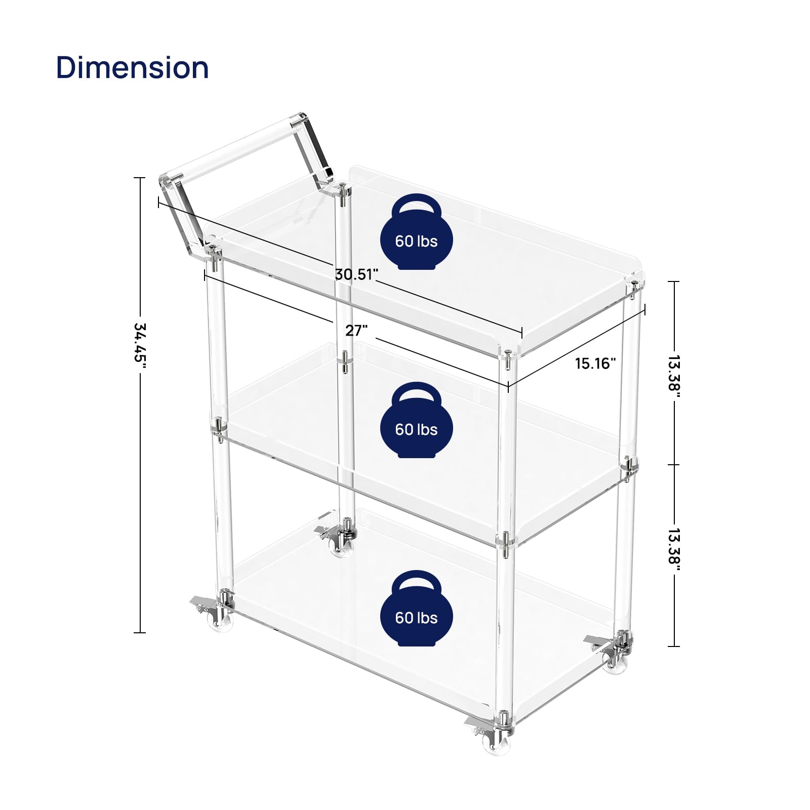 HMYHUM Acrylic Bar Cart with 4 Lockable Wheels, 30.5" L x 15.2" W x 34.5" H, Rolling Serving Cart for the Home Bar, Kitchen, Living Room, with Pulling Handle, Modern, 3-Tier, Clear
