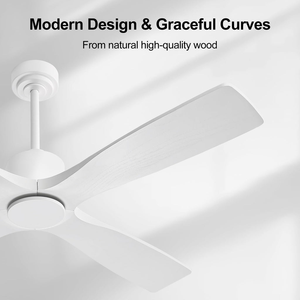 LEDLUX 54" Ceiling Fan without Lights -Modern Ceiling Fan no Light, 6-Speed Remote, 4 Solid Wood Blades, Quiet DC Motor, for Bedroom, Living Room, Outdoor, White