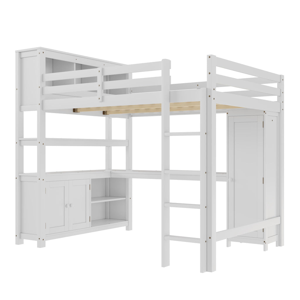 Bellemave Solid Wood Queen Size Loft Bed with Desk and Wardrobe,Loft Bed Frame with Storage Shelves and Bookcase for Kids,Teens,Adults,Queen Size,Space Saving,White