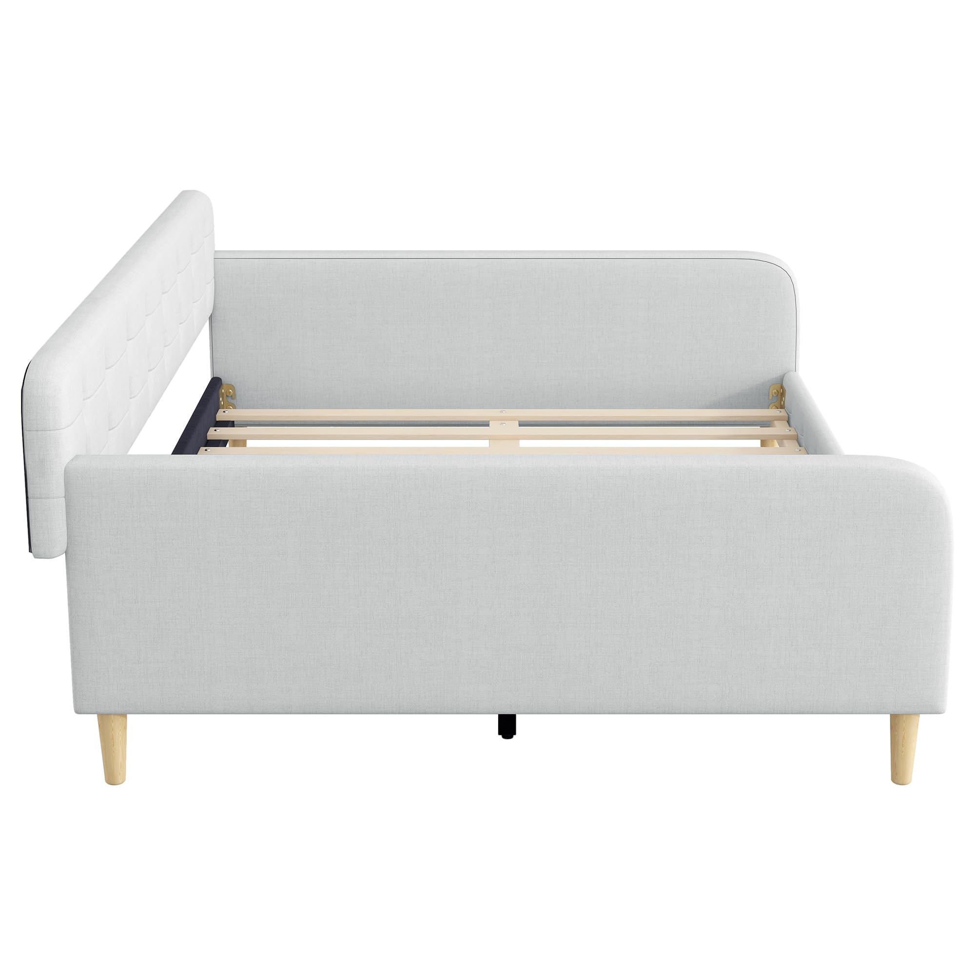 GDFStudio Queen Size Upholstered Daybed with Linen, Solid Pine Wood + MDF Frame, Foam-Filled Backrest, 4 Support Legs, No Box Spring Needed, Sturdy Queen Sofa Bed for Living Room or Guest Room, Beige