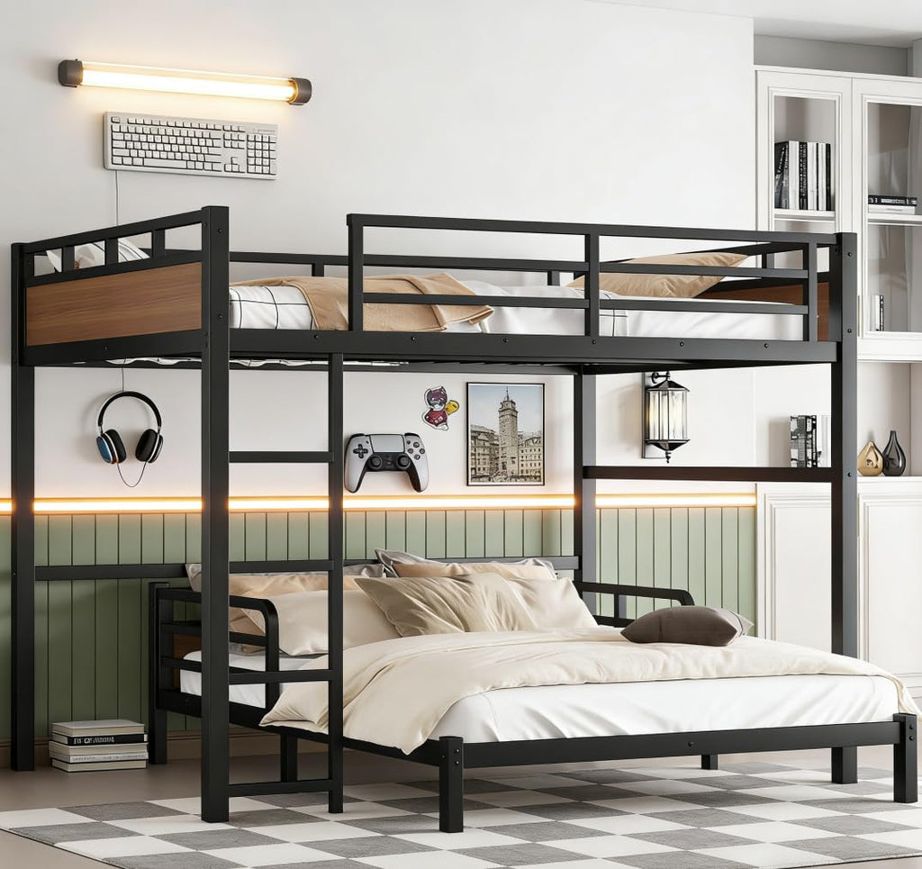Bellemave Detachable Bunk Bed Queen Over Queen, Metal Bunk Bed with Guardrails, Queen Size Loft beds for Kids, Teens & Adults（Walnut Color）