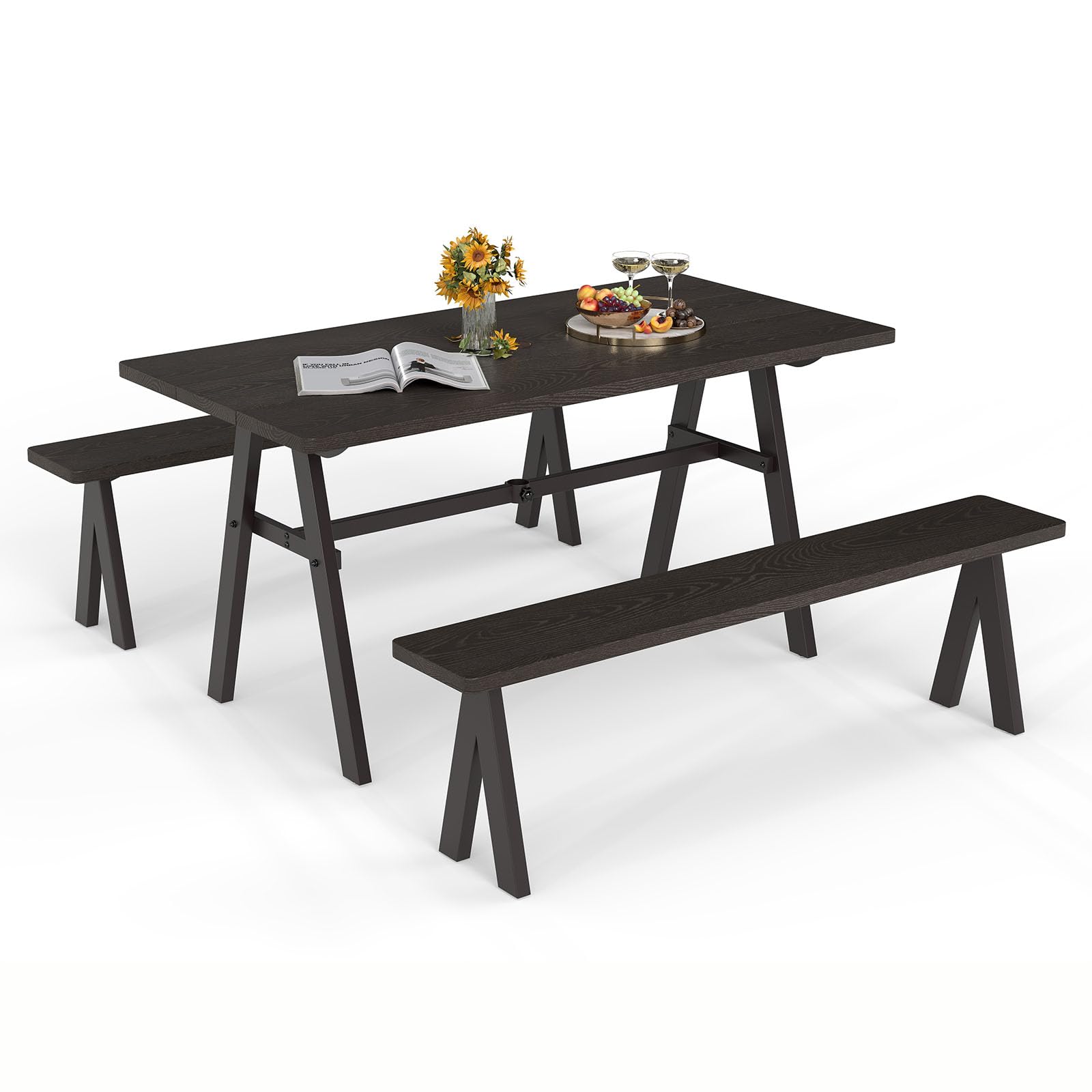 Giantex 3-Pieces Outdoor Picnic Table Set for 6 People, Rustproof Patio Dining Furniture Set with 1.93" Umbrella Hole, 800lbs Capacity Bench, 59" Camping Table for Porch Deck Yard Garden Lawn