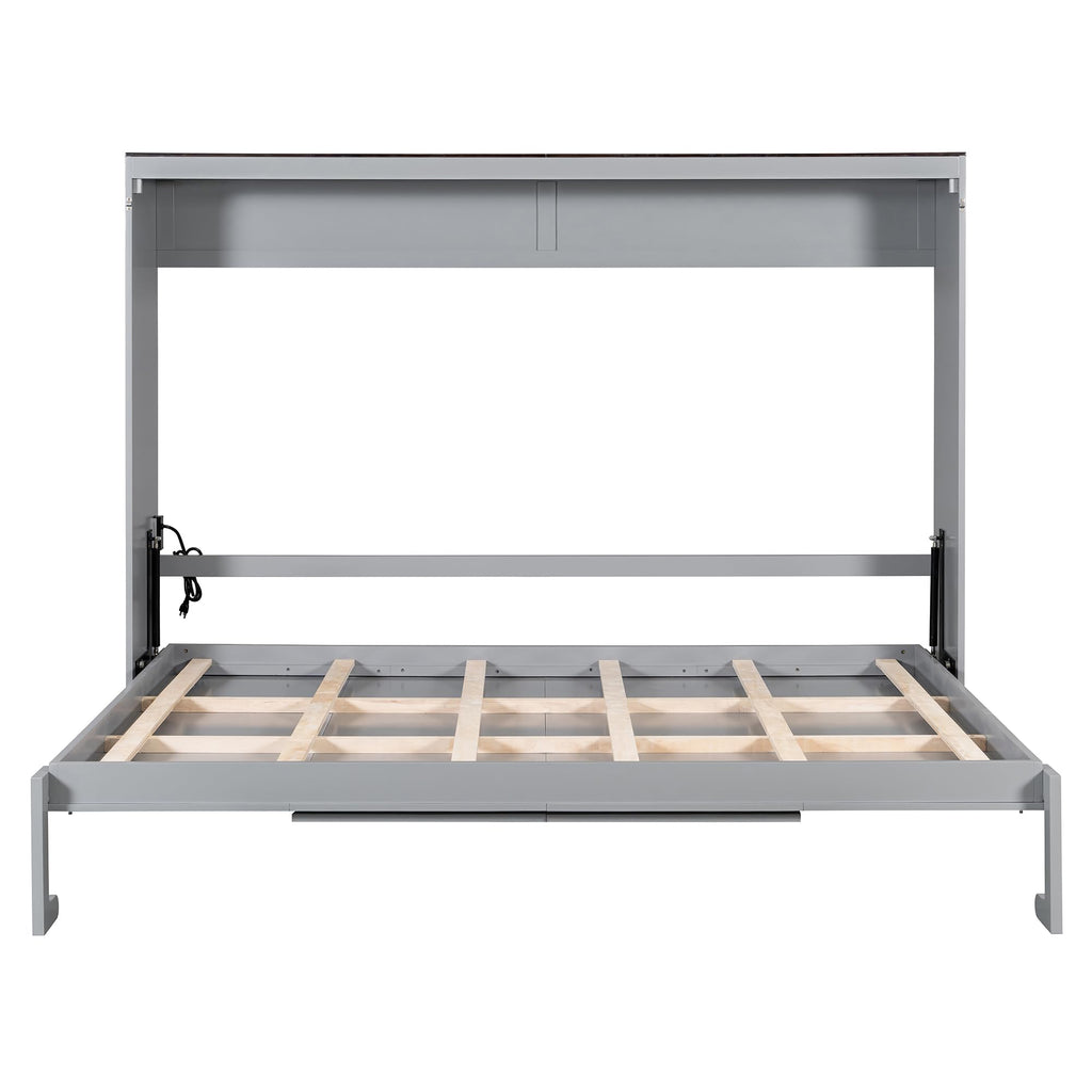 Merax Queen Murphy Bed Wall Bed with USB Ports, Foldable Cabinet Bed Frame, Space Saving Hideaway Bed with Wooden Slats, No Box Spring Required for Guest Room, Apartment, Queen