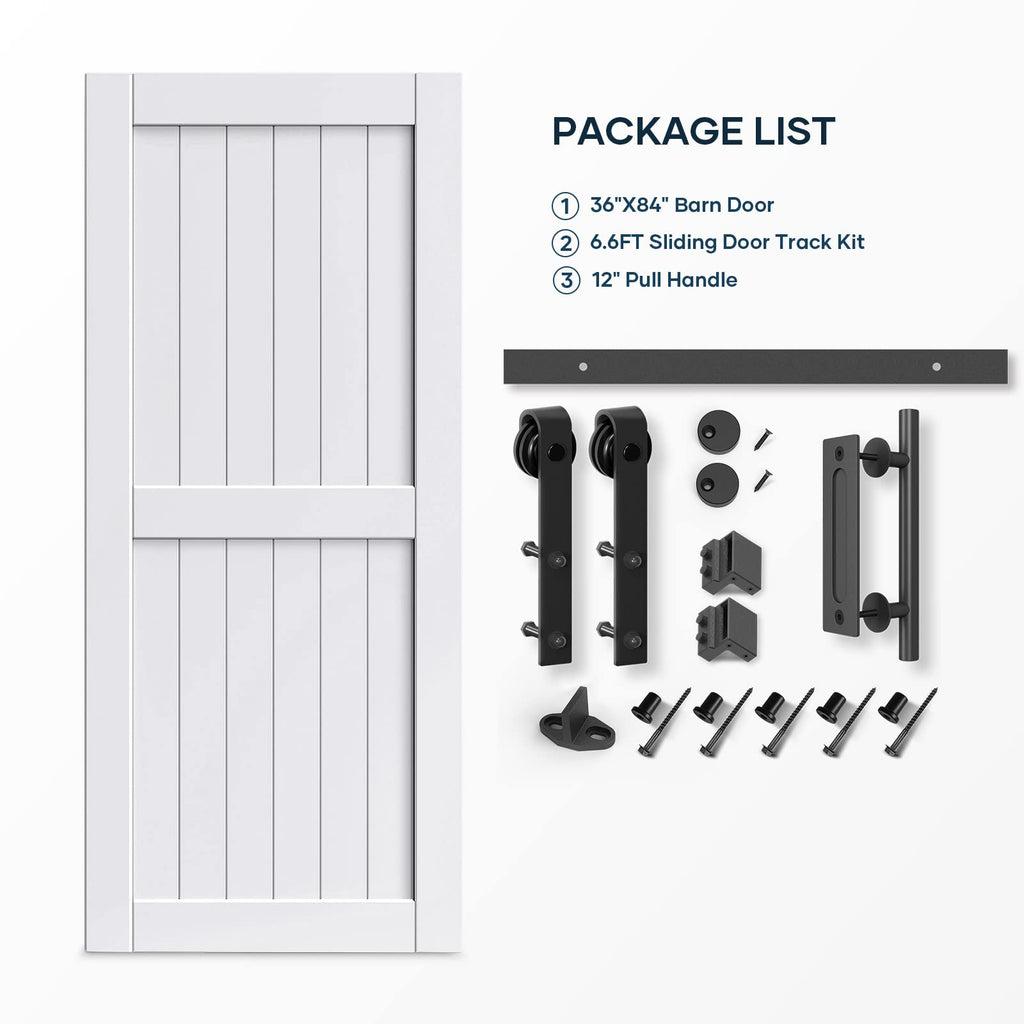 EaseLife 36 x 84 inch White Barn Door with 6.6FT Sliding Door Hardware Kit Included & Handle,Solid Wood Covered with Waterproof PVC Surface,DIY Assemblely,Easy Install,H-Frame,Fit 32-34in Wide Opening