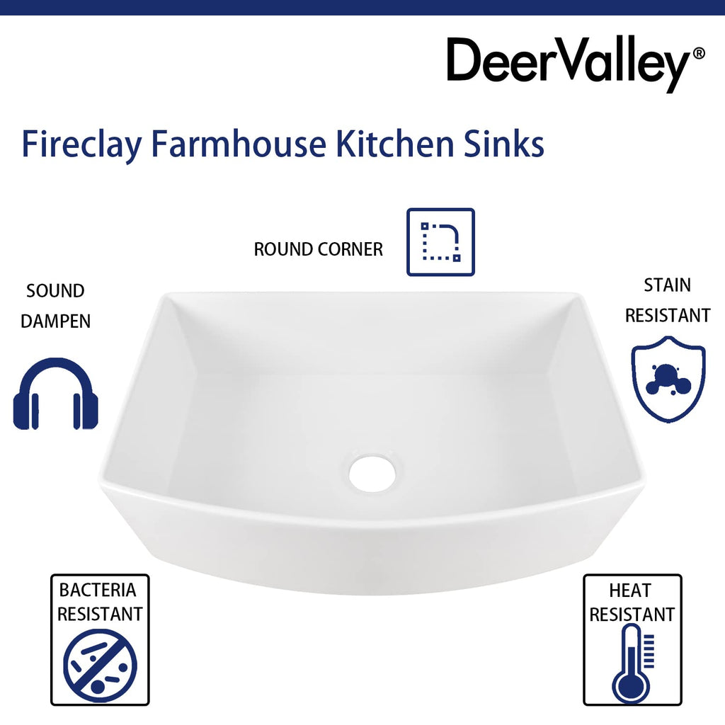 DeerValley Farmhouse Kitchen Sink 33 inch, White Fireclay Apron Front Farm Sinks, Single Bowl Deep Drop In Undermount Sink with Grid and Basket Strainer, Easy to Clean