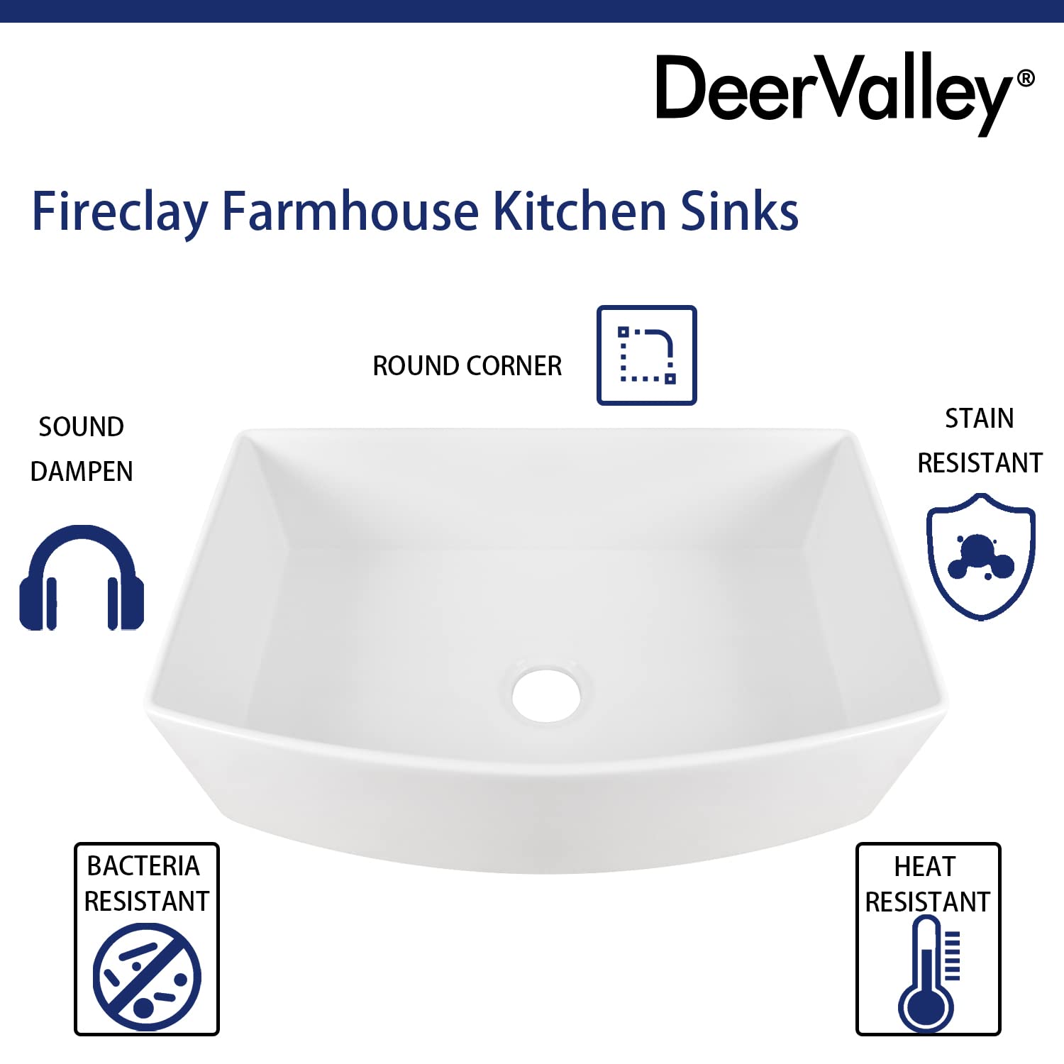 DeerValley Farmhouse Kitchen Sink 33 inch, White Fireclay Apron Front Farm Sinks, Single Bowl Deep Drop In Undermount Sink with Grid and Basket Strainer, Easy to Clean