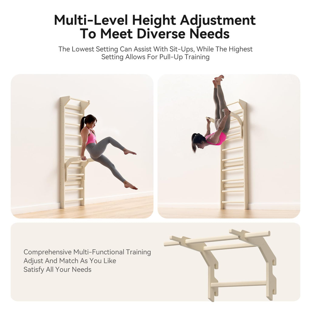 Swedish Ladder Wall Gym & Pull Up Bar Gymnastics Bar – Ultimate Wall Bars for Exercise with Adjustable Dip Bar Attachment, Wood Stall Bars for Home, Calisthenics, Physical Therapy and Kids Training (Burlywood)