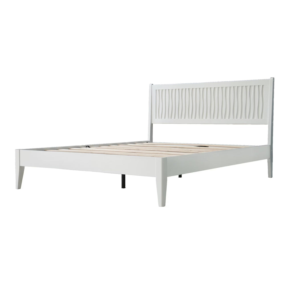 Queen Size Solid Wood Platform Bed Frame with Headboard and Footboard, Noise-Free & Anti-Slip Design, Center Metal Legs, 12 Heavy-Duty Slats, No Box Spring Needed, Pure White Finish, OLQ-39