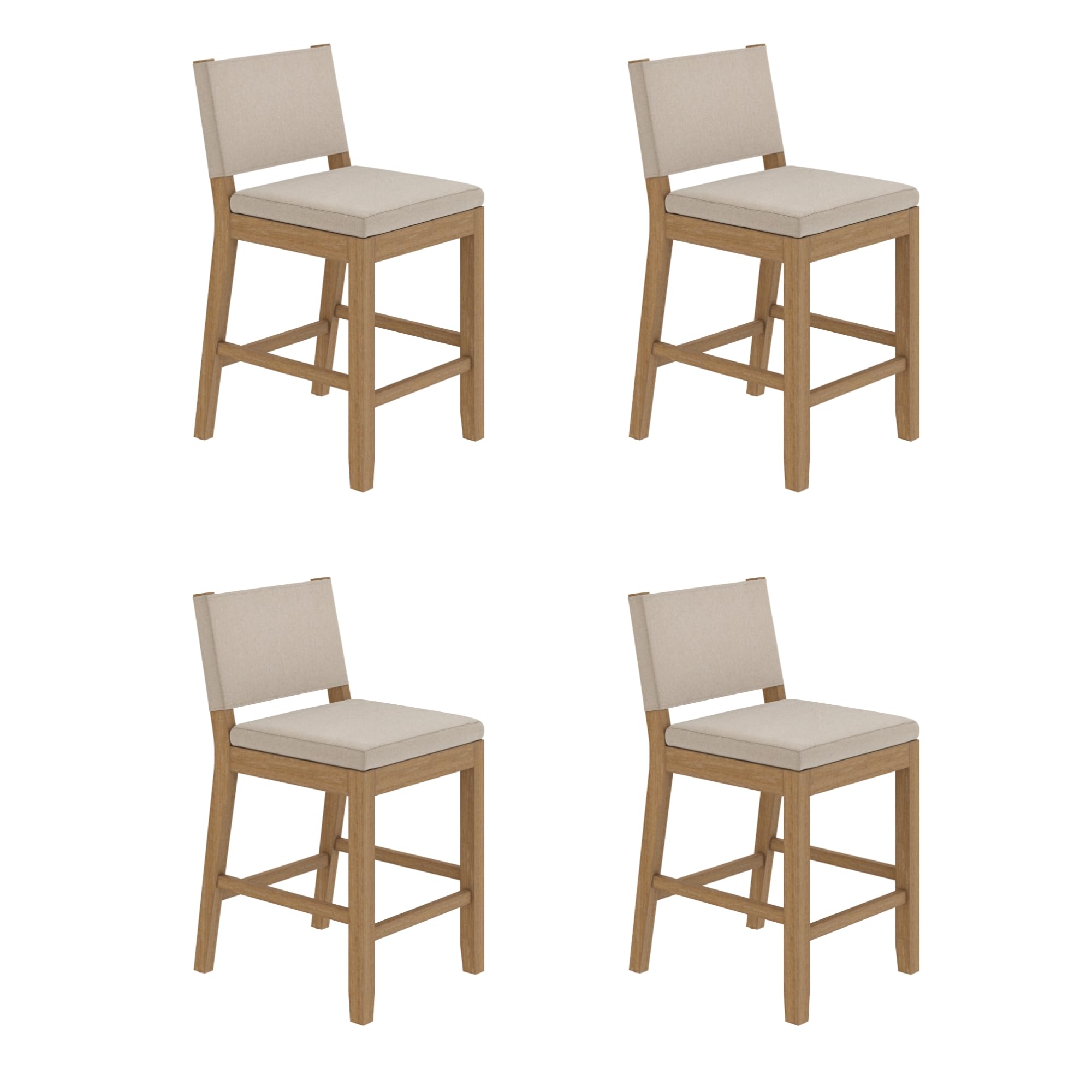 Nathan James Linus Modern Upholstered Counter Height Bar Stool with Back and Solid Rubberwood Legs in a Wire-Brushed Light Brown Finish, Natural Flax/Brown, Set of 4