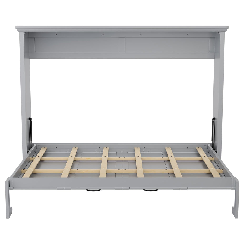 DNYN Queen Size Murphy Bed for Bedroom,Guest Room,Solid Wood Wall Bedframe w/Wooden Leg & Cabinet Design,Super Save Space & No Box Spring Needed, Gray