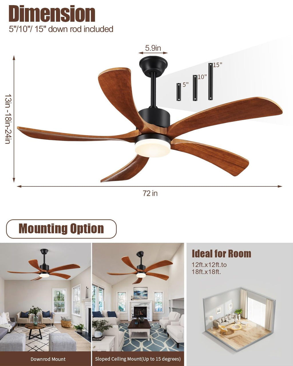 Forrovenco 72 In Ceiling Fans with Lights and Remote, USA Original Patent 72" Large Ceiling Fan, 3 Downrods, 5 Solid Wood Blades, 6 Speeds Quiet DC Motor Modern Outdoor Indoor Fan, 72in Yellow Walnut