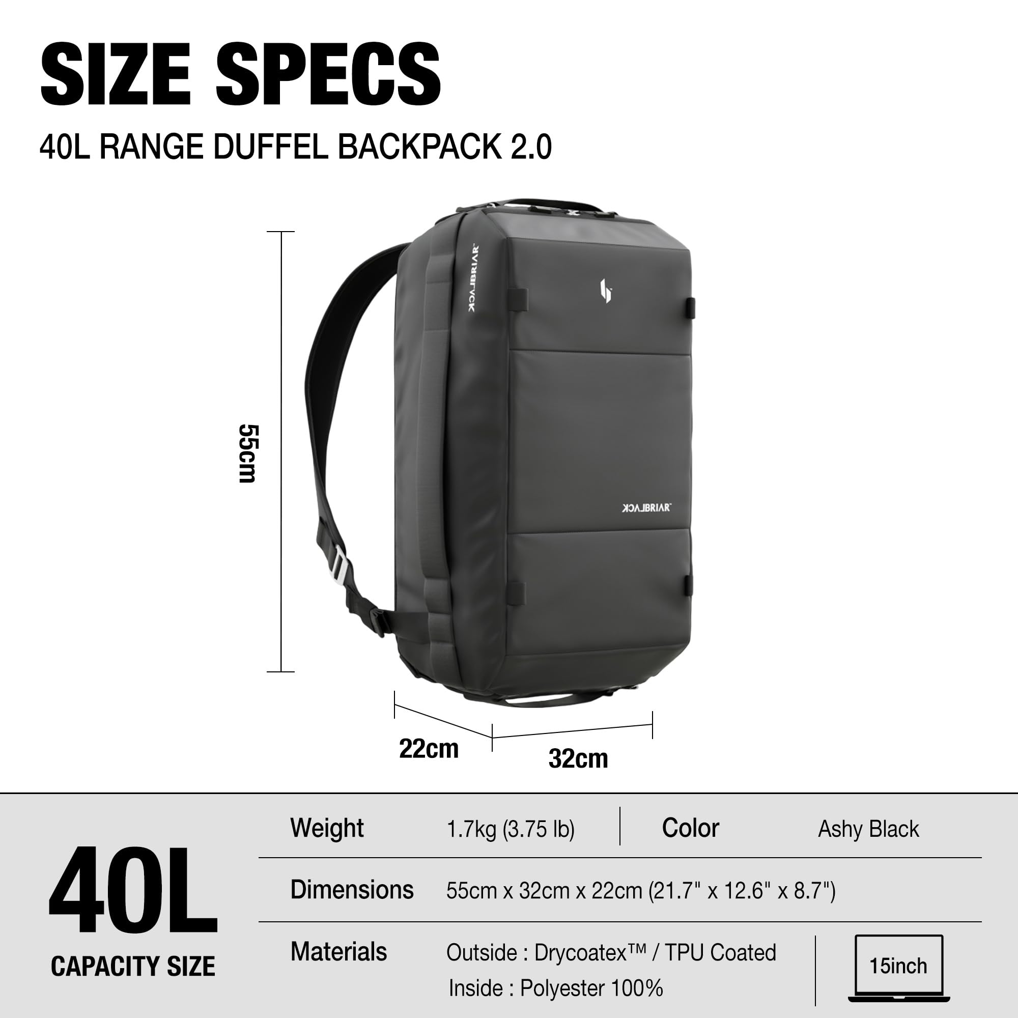 Blackbriar Range Duffel 40L Ash Black 2.0 Version, Convertible Backpack with Patented Magnetic Access, Modular S-Partition, Dual Shoe Garage | Waterproof Drycoatex™ for Tactical, Travel, Gym