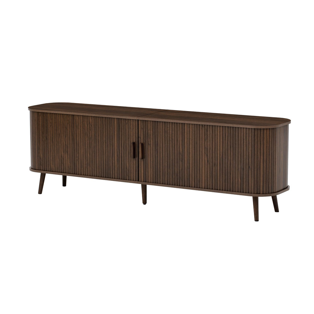 Merax 70 Inch Mid Century Modern TV Stand for TVs up to 80", Fluted Entertainment Center with Ample Storage & Sliding Doors, Curved Design Media Console for Living Room, Solid Wood Legs, Walnut
