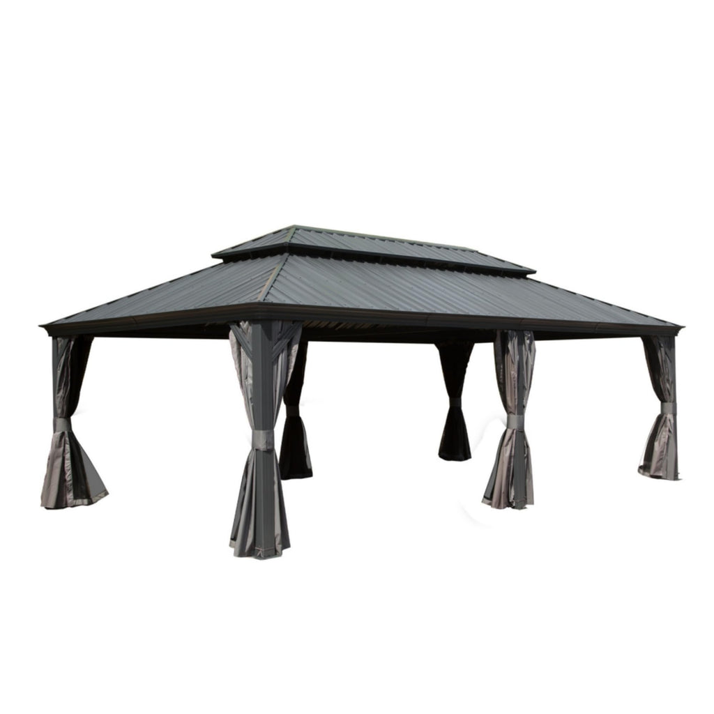 Ginkartu 14x24FT Hardtop Gazebo, Outdoor Gazebo with Galvanized Steel Double Roof, Aluminum Frame, Built-in Gutter System, Curtain and Netting, Metal Gazebo Pavilion for Patio Deck Garden, Grey