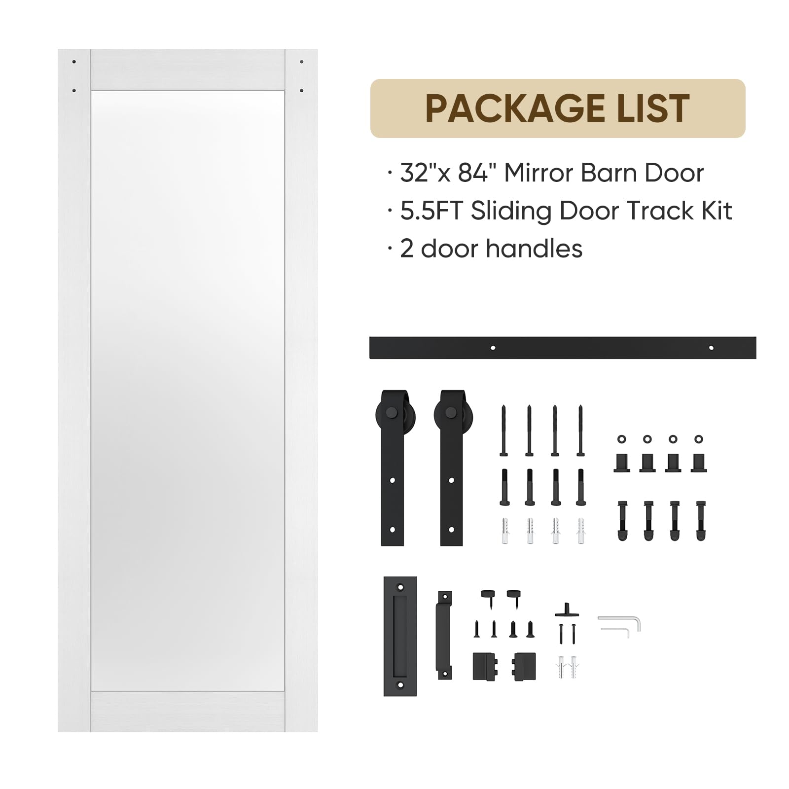 BARNSMITH 32in x 84in Mirror Barn Door with 5.5FT Sliding Door Hardware Kit Included, 1 Lites Full Length Mirror Door, Solid Wood Water-Proof PVC Surface,No Assembly Required,White