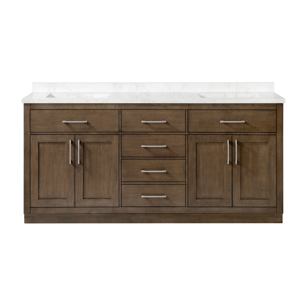 OVE Decors Athea 72" Double Undermount Sink Bathroom Vanity with Cultured Marble Countertop, Backsplash, Power Bar, in Almond Latte Finish