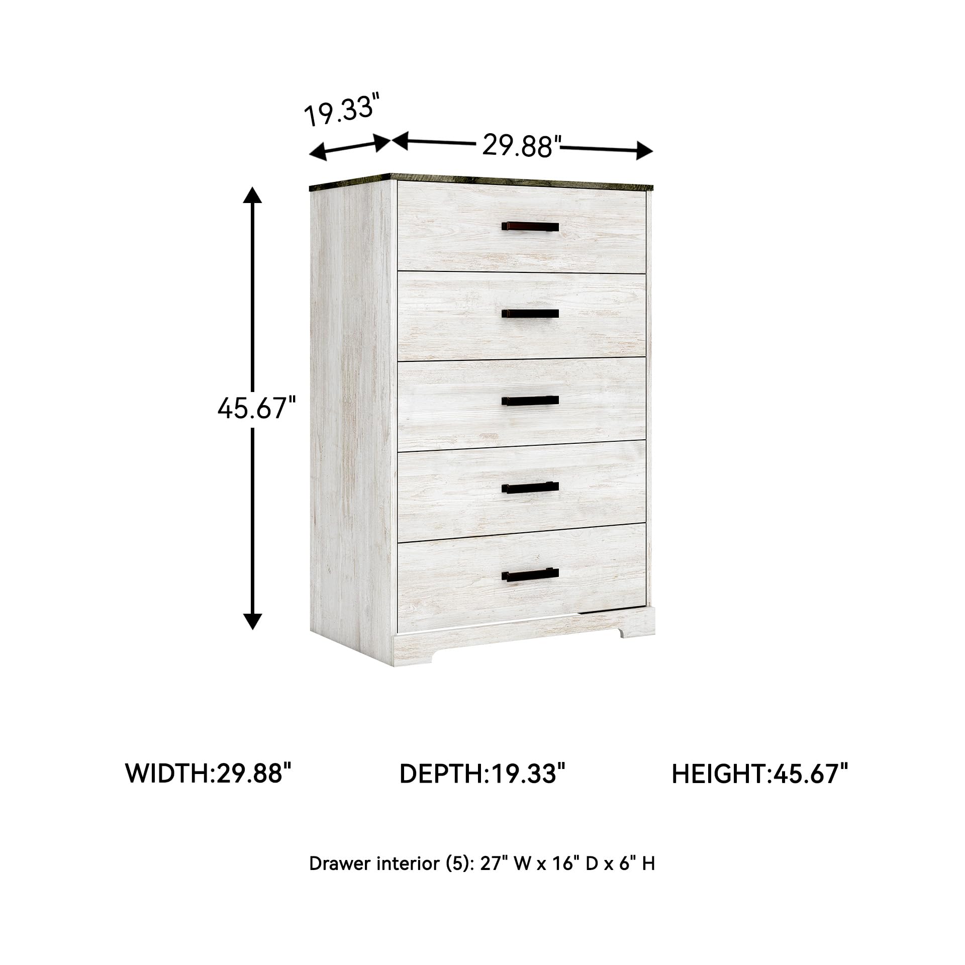 Signature Design by Ashley Shawburn Rustic 5 Drawer Chest of Smooth-Gliding Drawers and Safety Stop, White & Gray