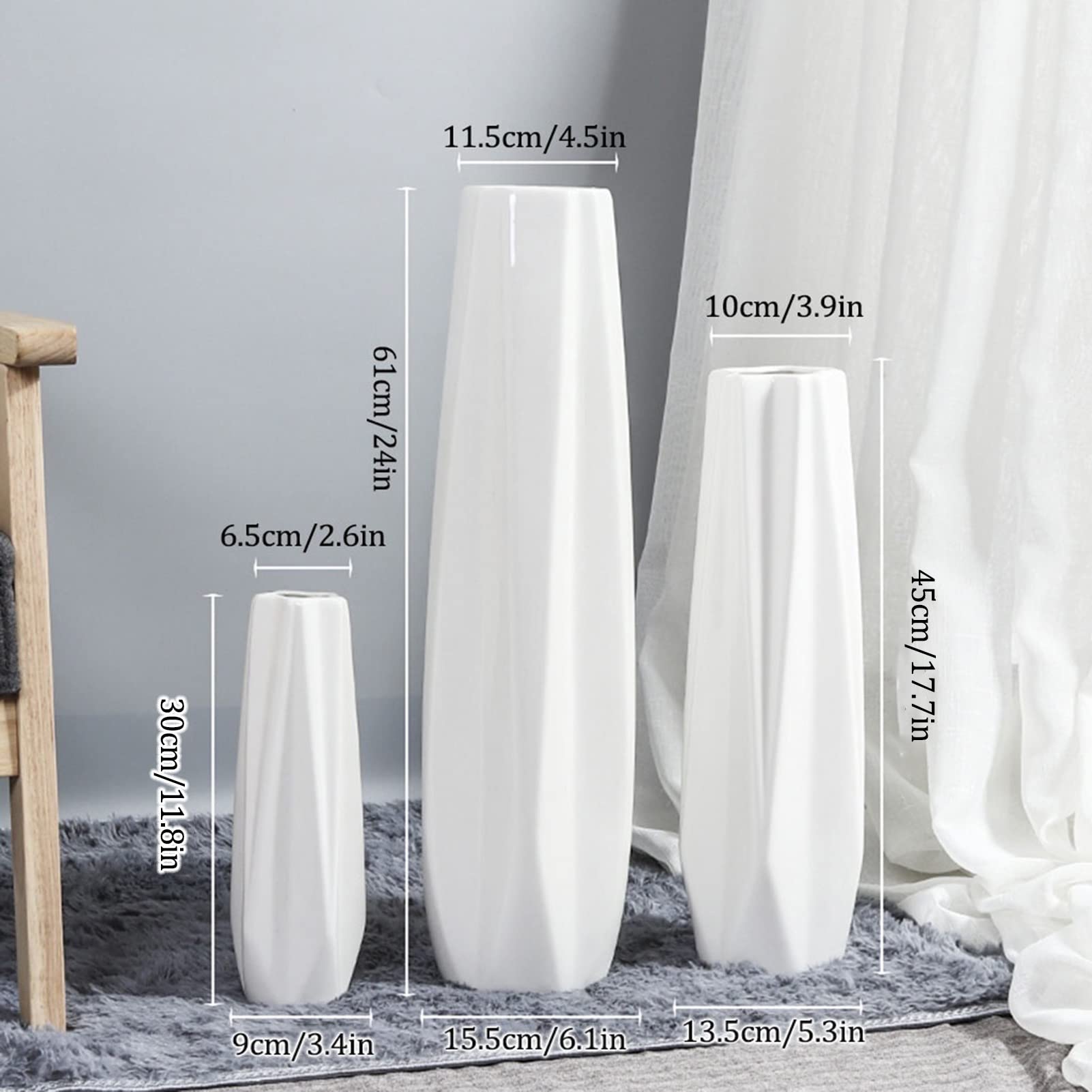 Floor vase Ceramic Vase，Decorative Large ，Floor, Large Floor Vase,White Ceramic Vase,Handcrafted,Sophisticated Vessel for Decorative Branches and Dried Flowers(61cm)