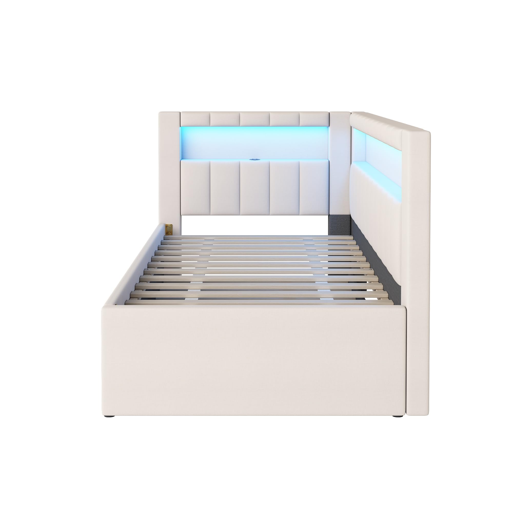 DNYN Upholstered Twin Size Daybed with Trundle for Bedroom,Apartment,Solid Wood Bedframe w/USB Ports & LED Design,Super Save Space & No Box Spring Needed, White