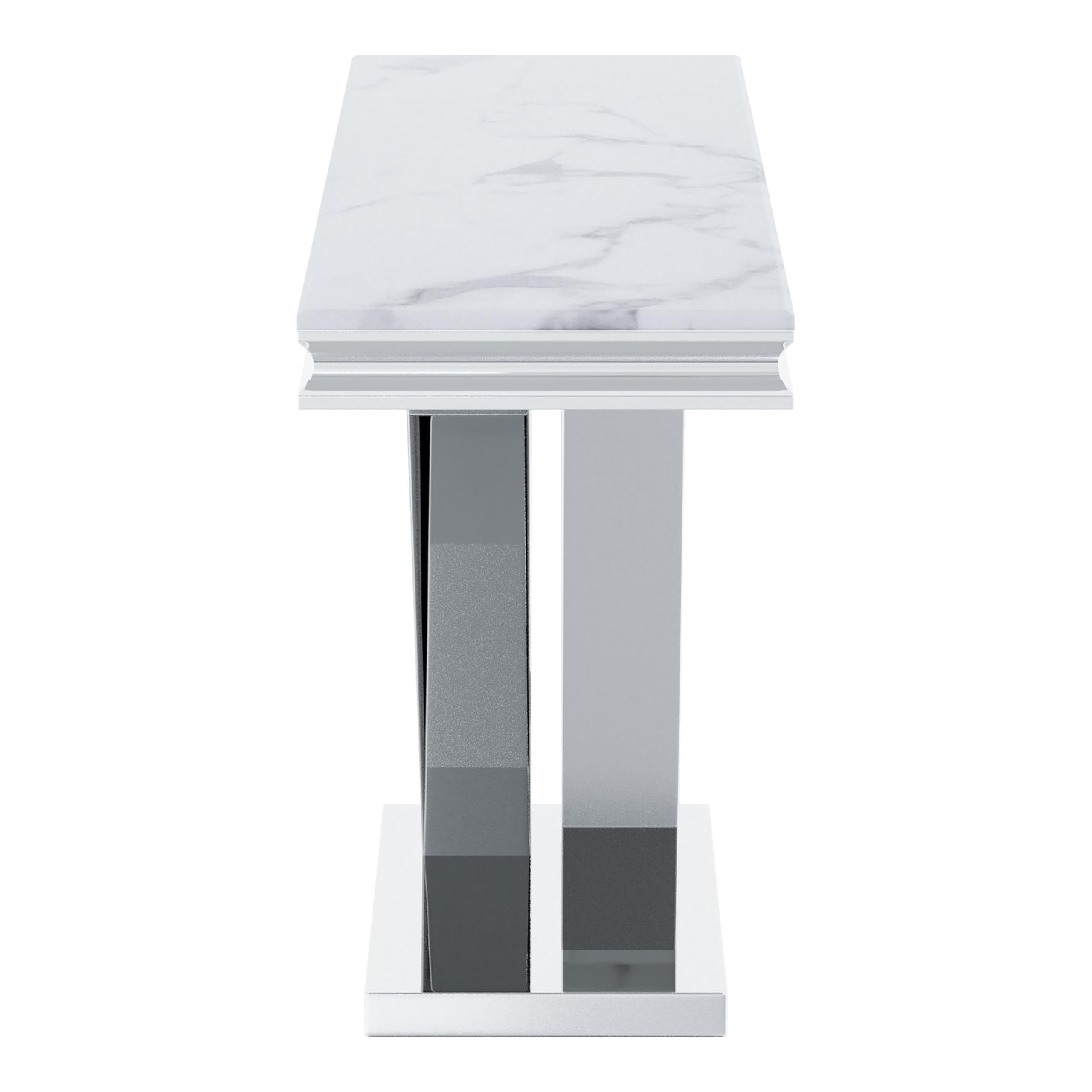 Furniture of America Namai 25mm Faux Marble Top Rectangle Sofa Table with Metal Construction and V-Style Pedestal, Home Décor for Living Room, Entryway, Hallway, Office, Corridor, Chrome