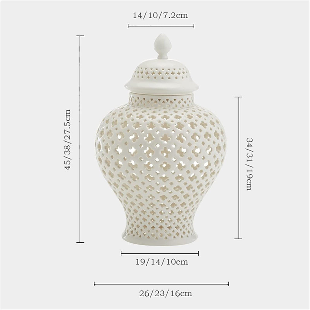 Ginger Decorative Jar with Lid White Porcelain Handcrafted Ceramic Vases for Flowers Traditional Chinese White Carved Lattice Ginger Jar with Lid Decorative Porcelain Vases Temple,White23*38cm