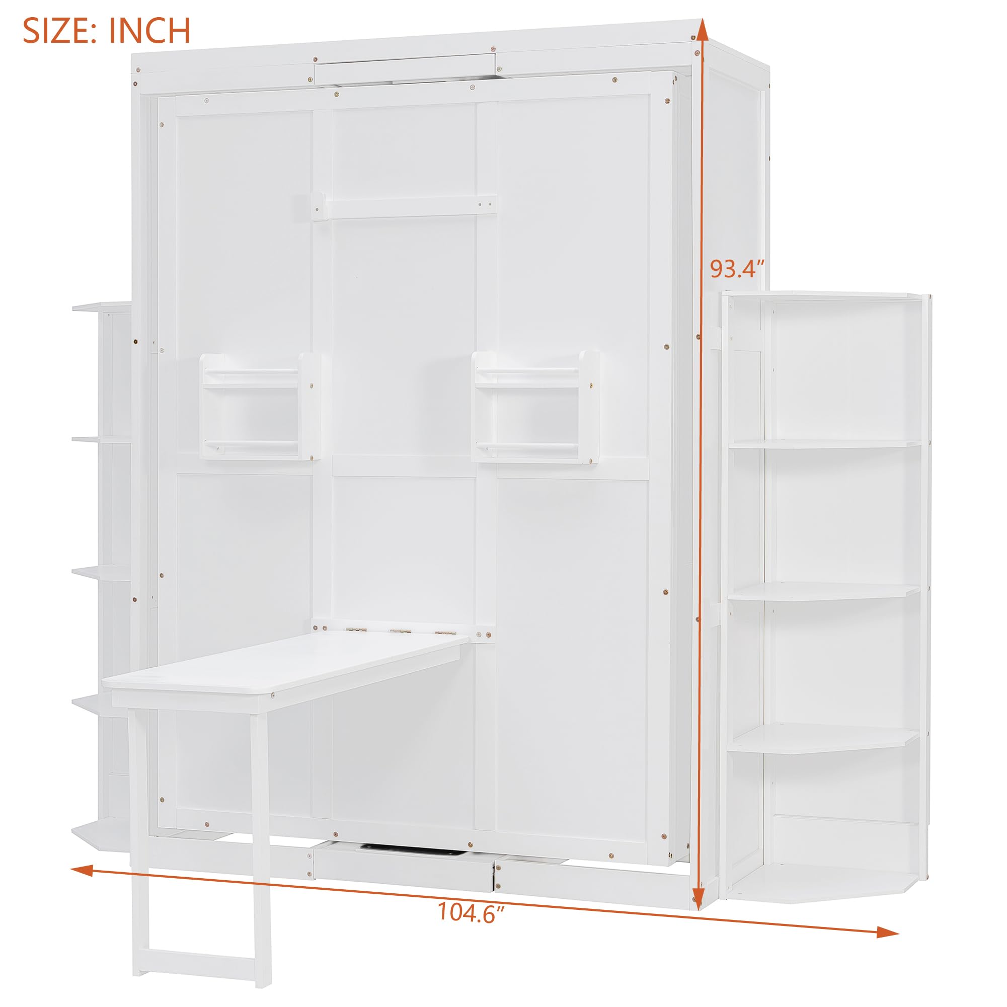 Rotating Full Murphy Bed with Hidden Wall Cabinet, Dual 3-Tier Side Shelves, Convertible Desk, Extra Storage Racks, Space-Saving Multifunctional Wall Bed for Home Office &Small Rooms, White