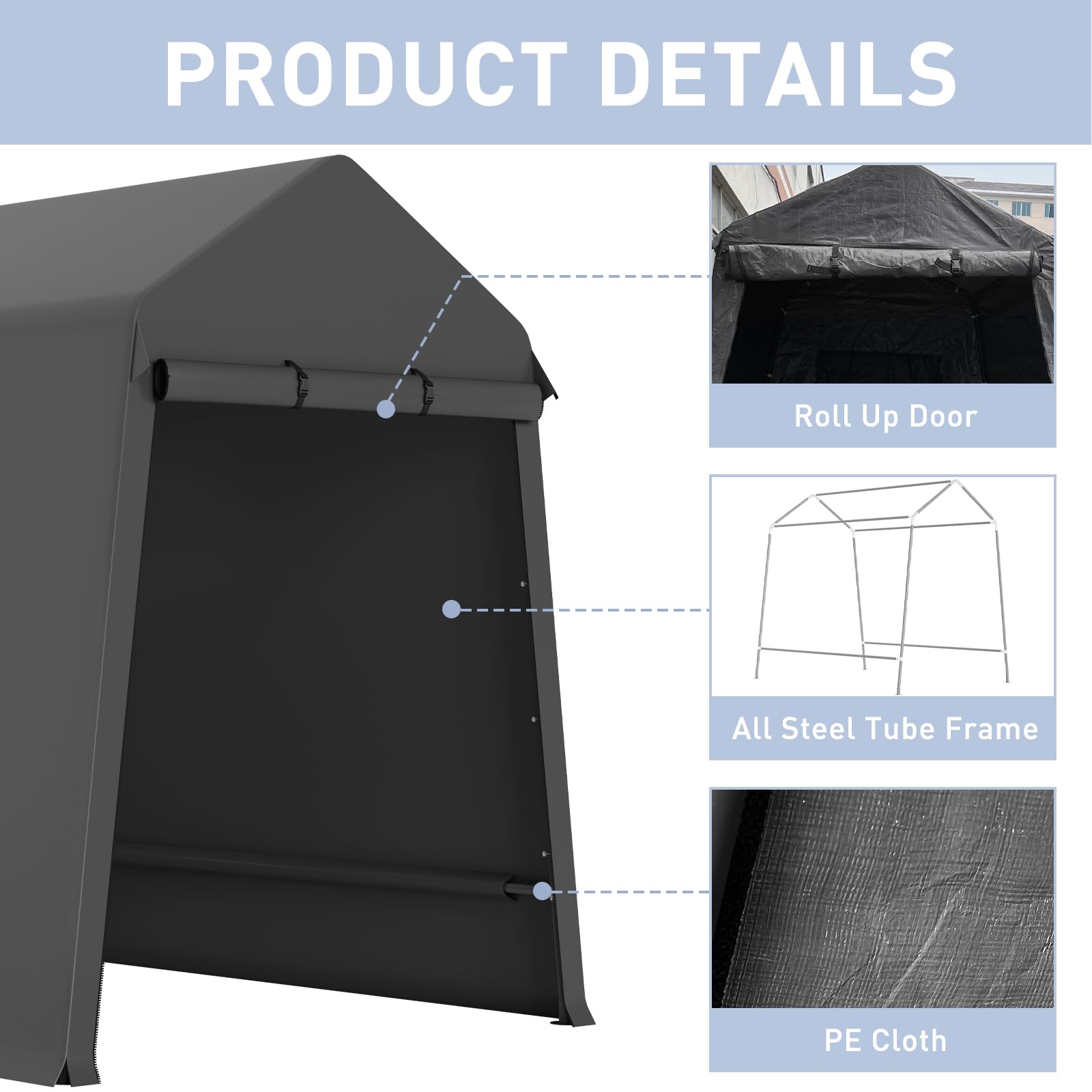 7x12 FT Heavy-Duty Portable Garage, Outdoor Storage Shelter Shed with Zipper Doors - Waterproof UV Resistant Carport Tent for Motorcycle, ATV, Lawn Equipment,Black