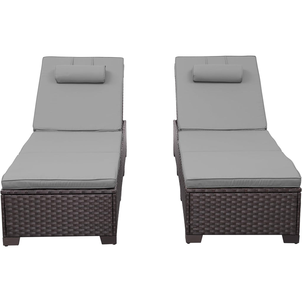 Rattan Star Brown Wicker Patio Chaise Lounge Chairs Set of 2 Outdoor Chaise Lounge Pool Lounge Chairs Poolside Recliner Chairs with Grey Cushions and Headrest