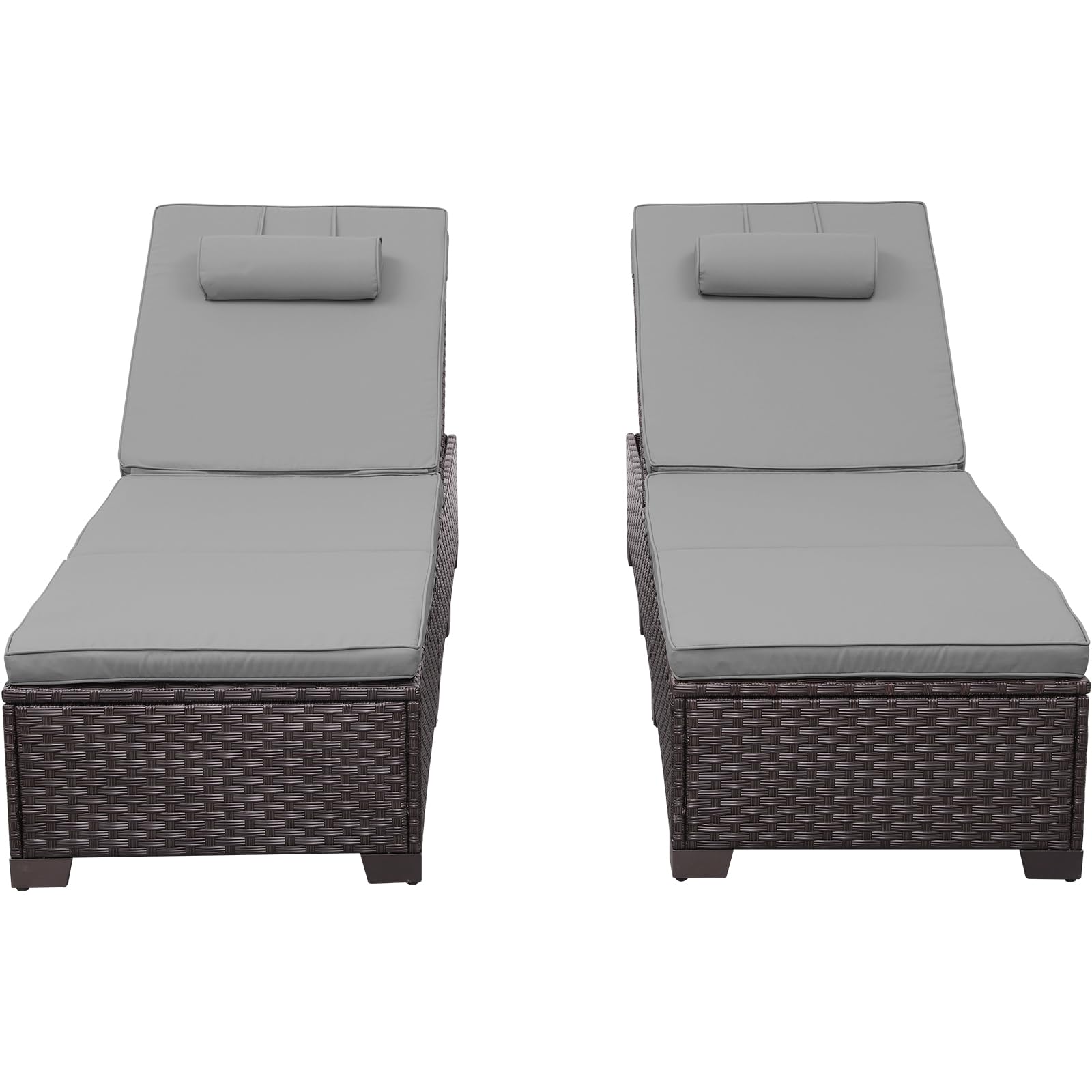 Rattan Star Brown Wicker Patio Chaise Lounge Chairs Set of 2 Outdoor Chaise Lounge Pool Lounge Chairs Poolside Recliner Chairs with Grey Cushions and Headrest