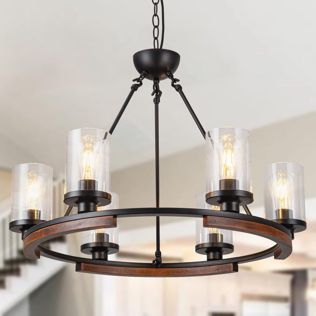 NSRCE 28-Inch Wagon Wheel Chandelier, 6-Light Farmhouse Dining Room Light Fixture Over Table, Round Matte Black Rustic Wood Ceiling Hanging Pendant Light with Clear Glass Shade