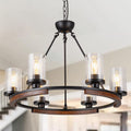 NSRCE 28-Inch Wagon Wheel Chandelier, 6-Light Farmhouse Dining Room Light Fixture Over Table, Round Matte Black Rustic Wood Ceiling Hanging Pendant Light with Clear Glass Shade