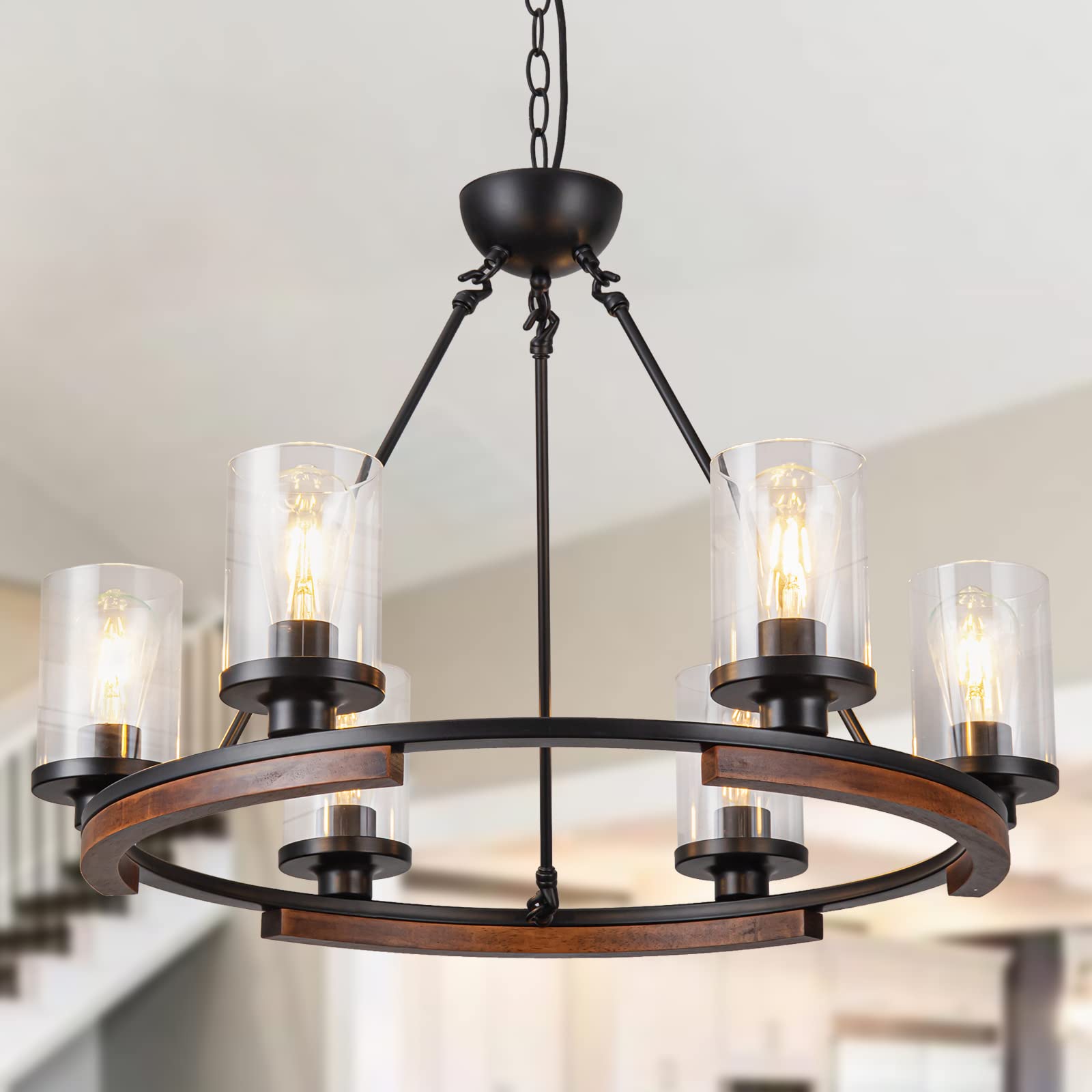 NSRCE 28-Inch Wagon Wheel Chandelier, 6-Light Farmhouse Dining Room Light Fixture Over Table, Round Matte Black Rustic Wood Ceiling Hanging Pendant Light with Clear Glass Shade