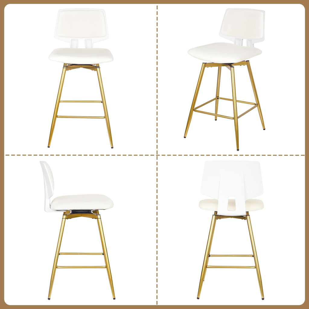 VECELO Swivel Upholstered Bar Stools Set of 4, Counter Height Barstools with Back, Metal Legs, 35.2-Inch Tall Barstools for Kitchen Island, Home Bar, Cafe, White