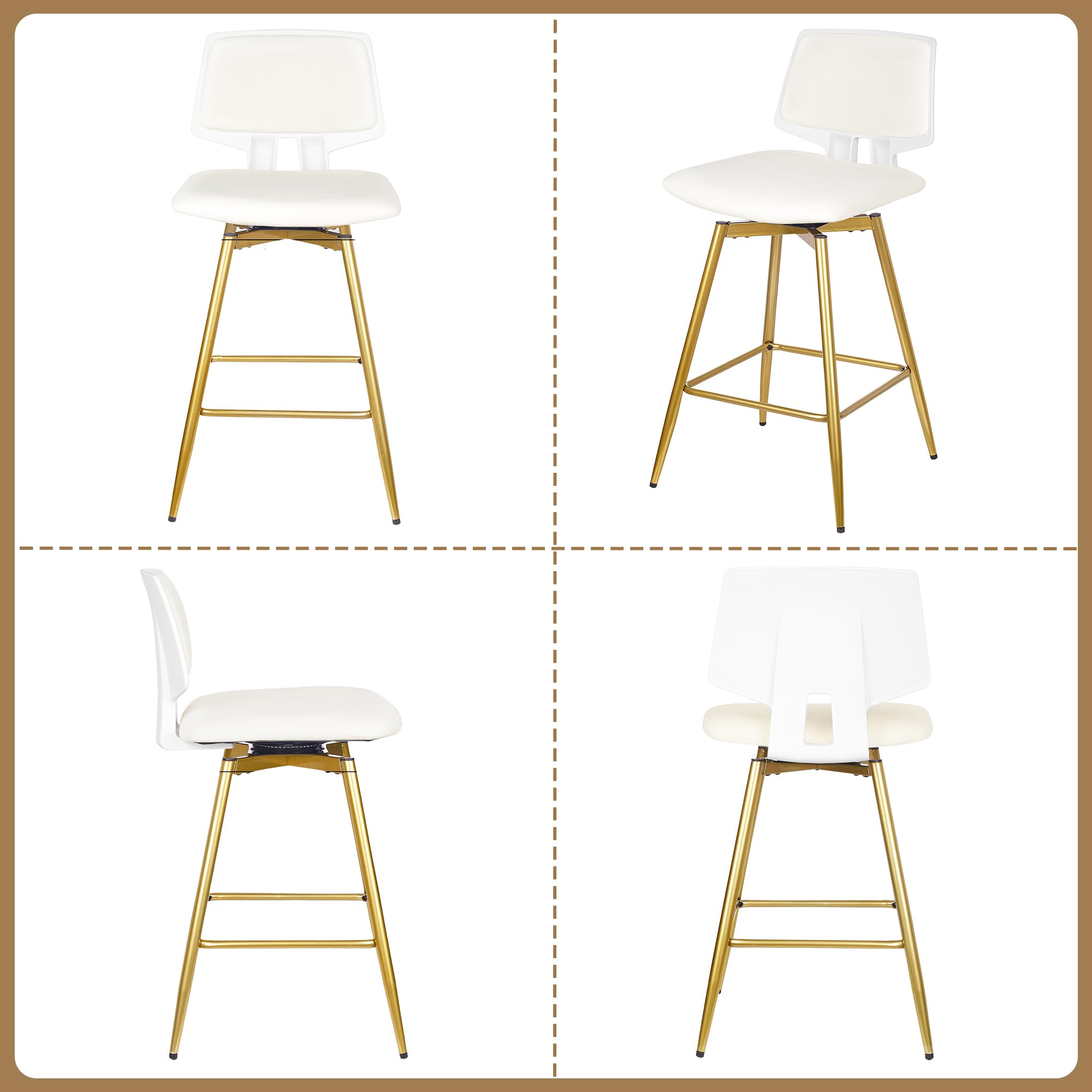 VECELO Swivel Upholstered Bar Stools Set of 4, Counter Height Barstools with Back, Metal Legs, 35.2-Inch Tall Barstools for Kitchen Island, Home Bar, Cafe, White