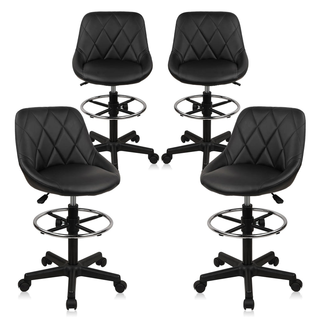 KLASIKA Drafting Chair with Backrest and Wheels, Adjustable Footrest Height Rolling Stool, PU Leather Tall Swivel Chairs Work Shop Office Desk Stools for Kitchen Home Bar, Black, 4 Pack